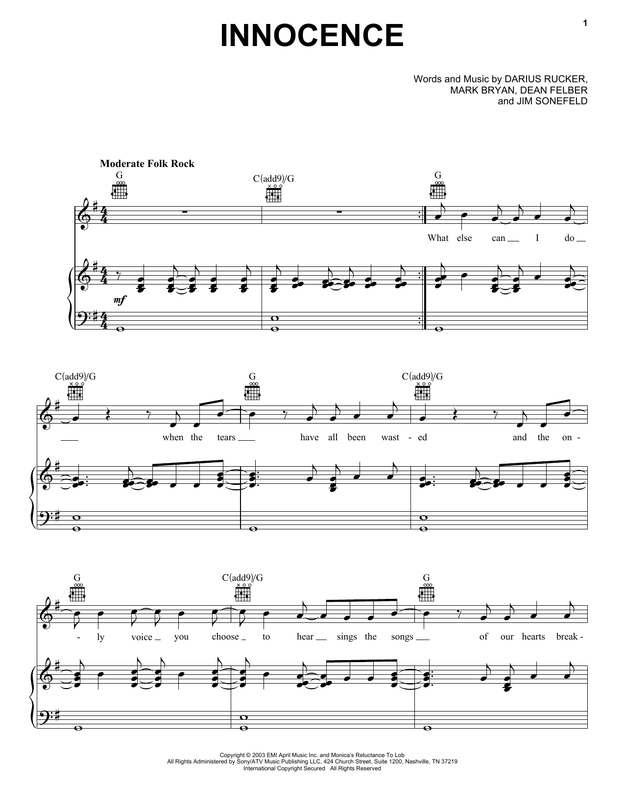 Download Hootie & The Blowfish Innocence Sheet Music and learn how to play Piano, Vocal & Guitar Chords (Right-Hand Melody) PDF digital score in minutes