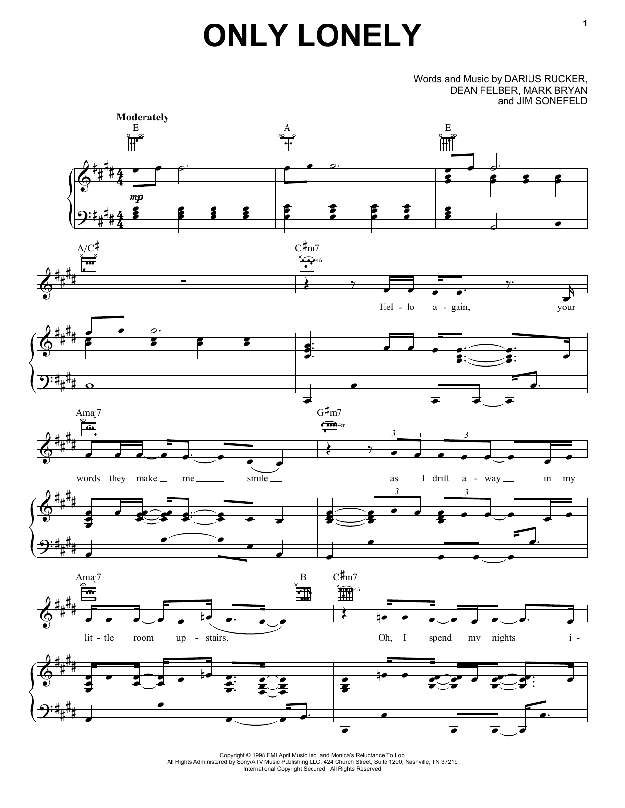 Download Hootie & The Blowfish Only Lonely Sheet Music and learn how to play Piano, Vocal & Guitar Chords (Right-Hand Melody) PDF digital score in minutes