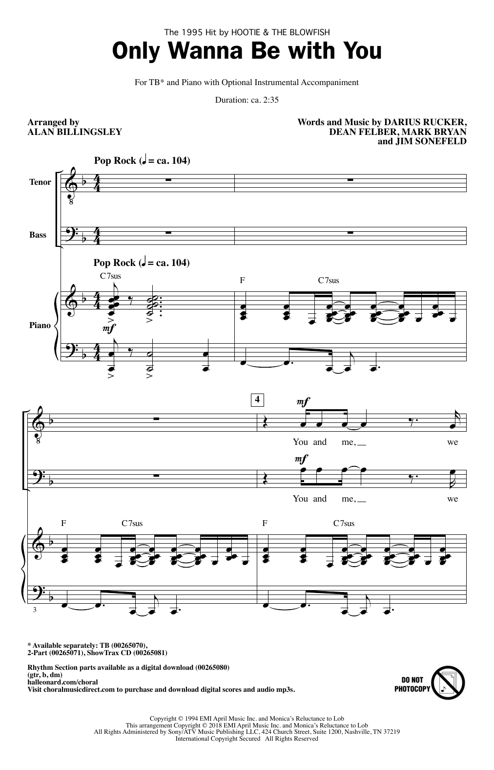 Download Hootie & The Blowfish Only Wanna Be With You (arr. Alan Billingsley) Sheet Music and learn how to play 2-Part Choir PDF digital score in minutes