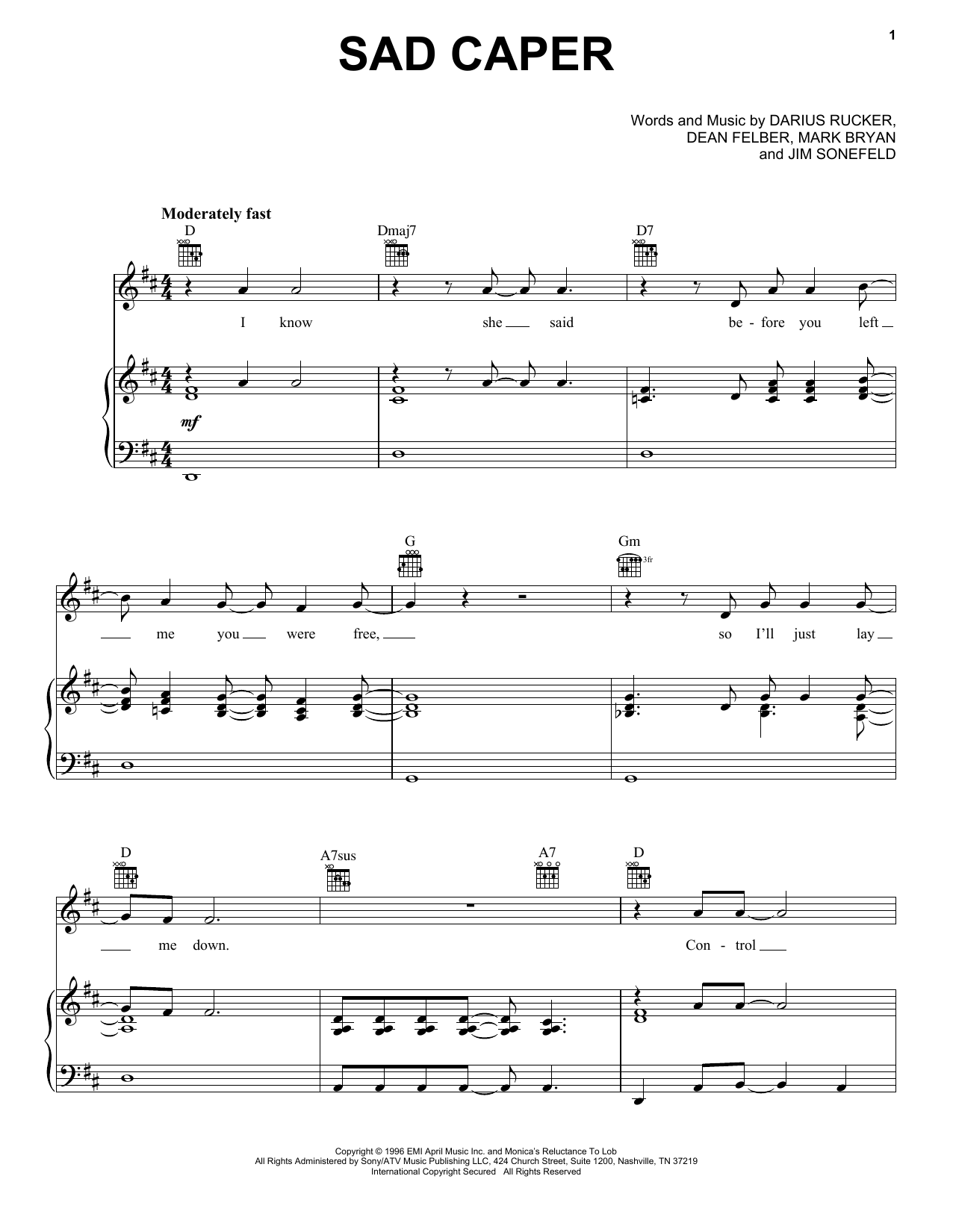 Download Hootie & The Blowfish Sad Caper Sheet Music and learn how to play Piano, Vocal & Guitar Chords (Right-Hand Melody) PDF digital score in minutes