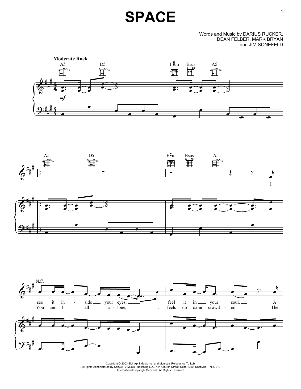 Download Hootie & The Blowfish Space Sheet Music and learn how to play Piano, Vocal & Guitar Chords (Right-Hand Melody) PDF digital score in minutes