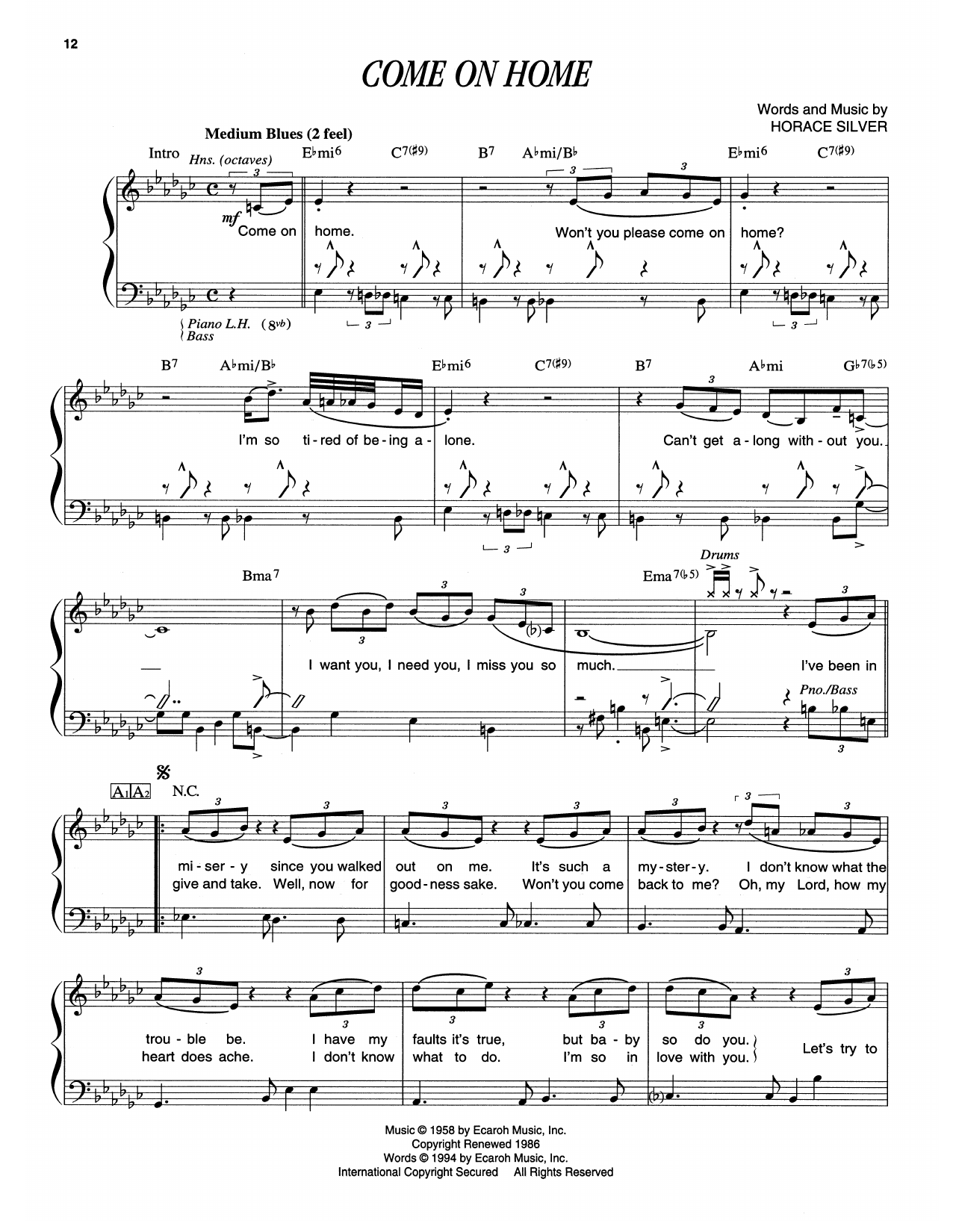Download Horace Silver Come On Home Sheet Music and learn how to play Piano Transcription PDF digital score in minutes