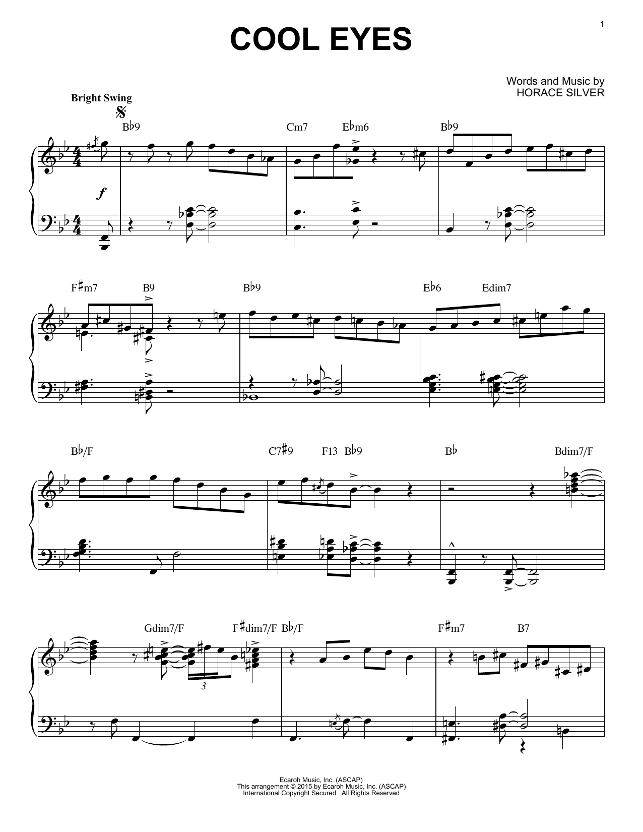 Download Horace Silver Cool Eyes (arr. Brent Edstrom) Sheet Music and learn how to play Piano Solo PDF digital score in minutes