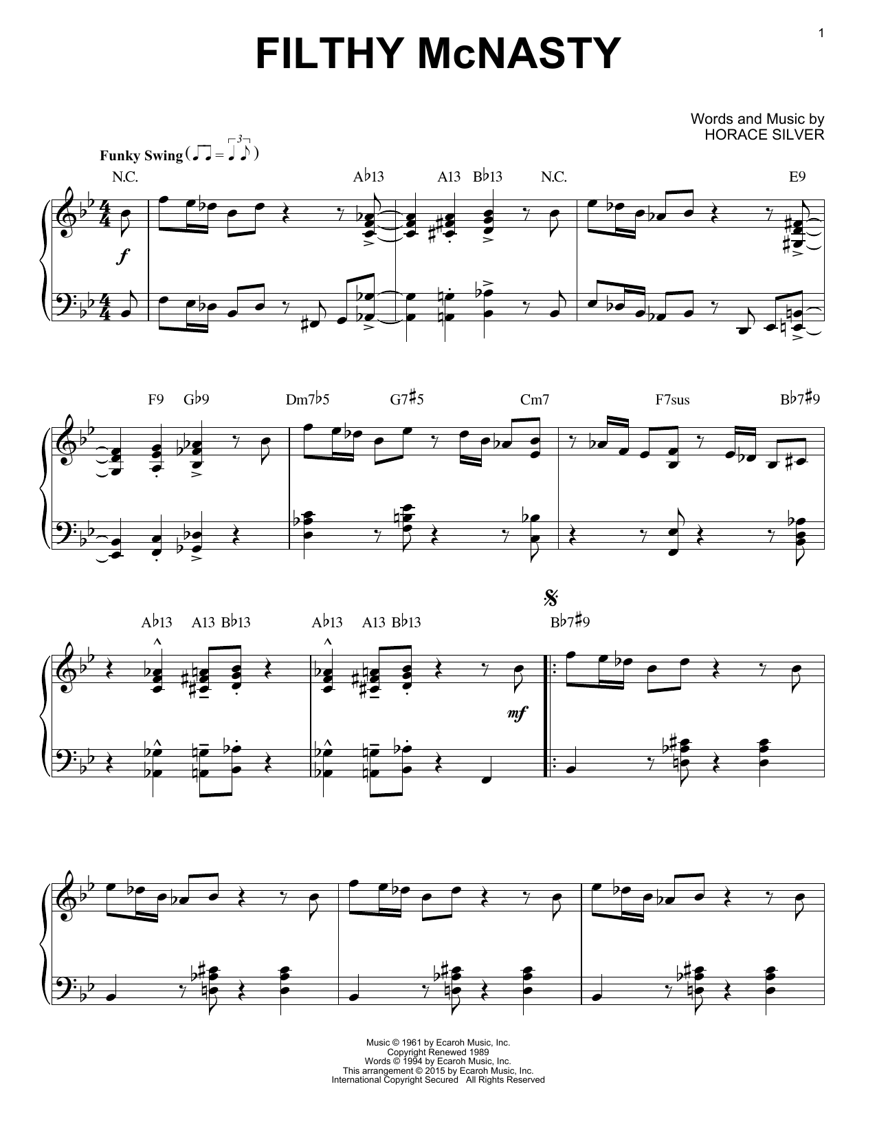 Download Horace Silver Filthy McNasty (arr. Brent Edstrom) Sheet Music and learn how to play Piano Solo PDF digital score in minutes