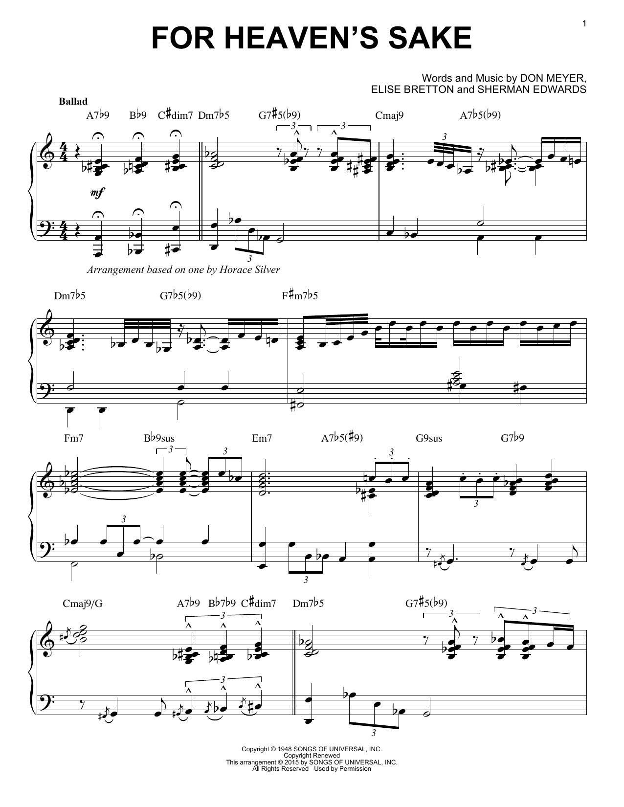 Download Horace Silver For Heaven's Sake Sheet Music and learn how to play Piano PDF digital score in minutes