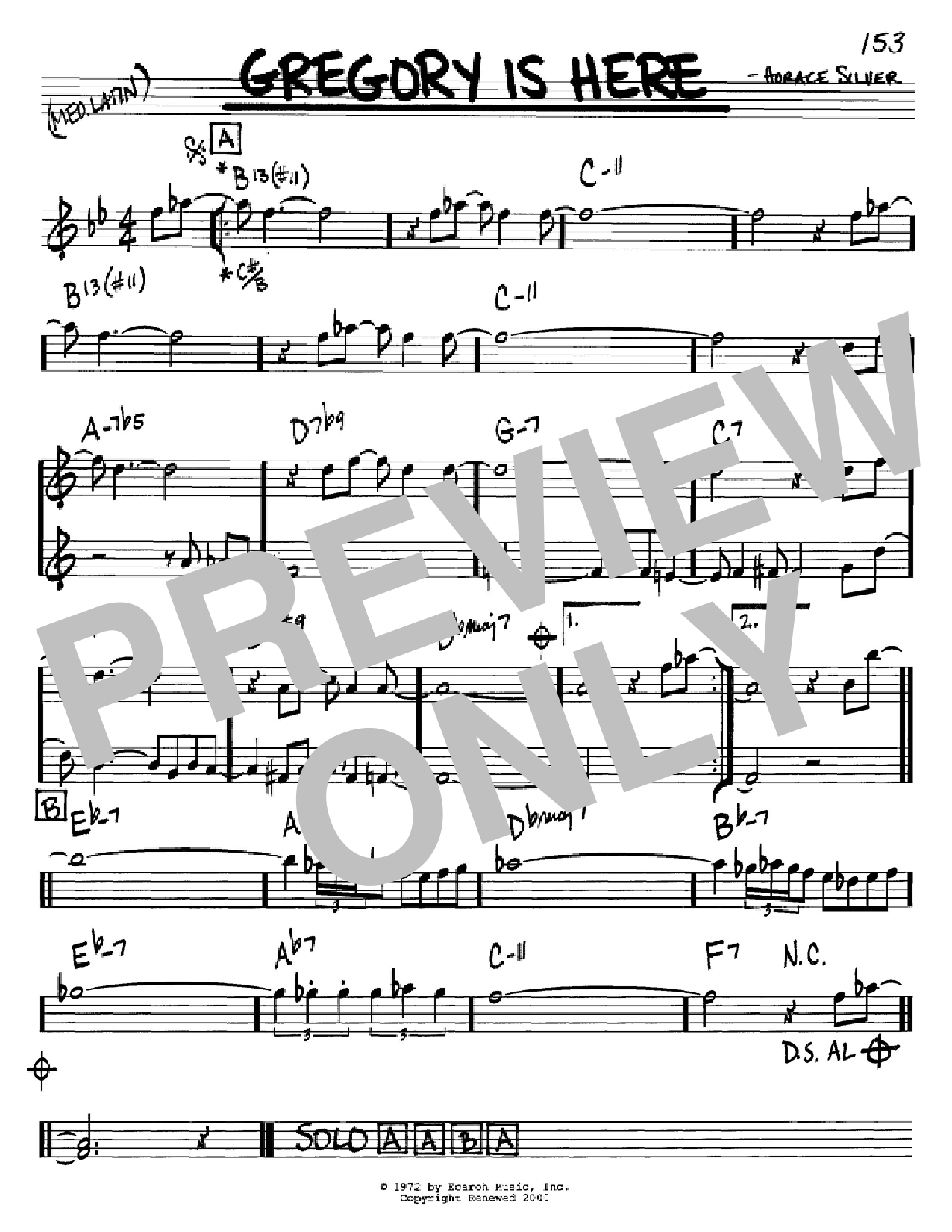 Download Horace Silver Gregory Is Here Sheet Music and learn how to play Real Book – Melody & Chords – C Instruments PDF digital score in minutes