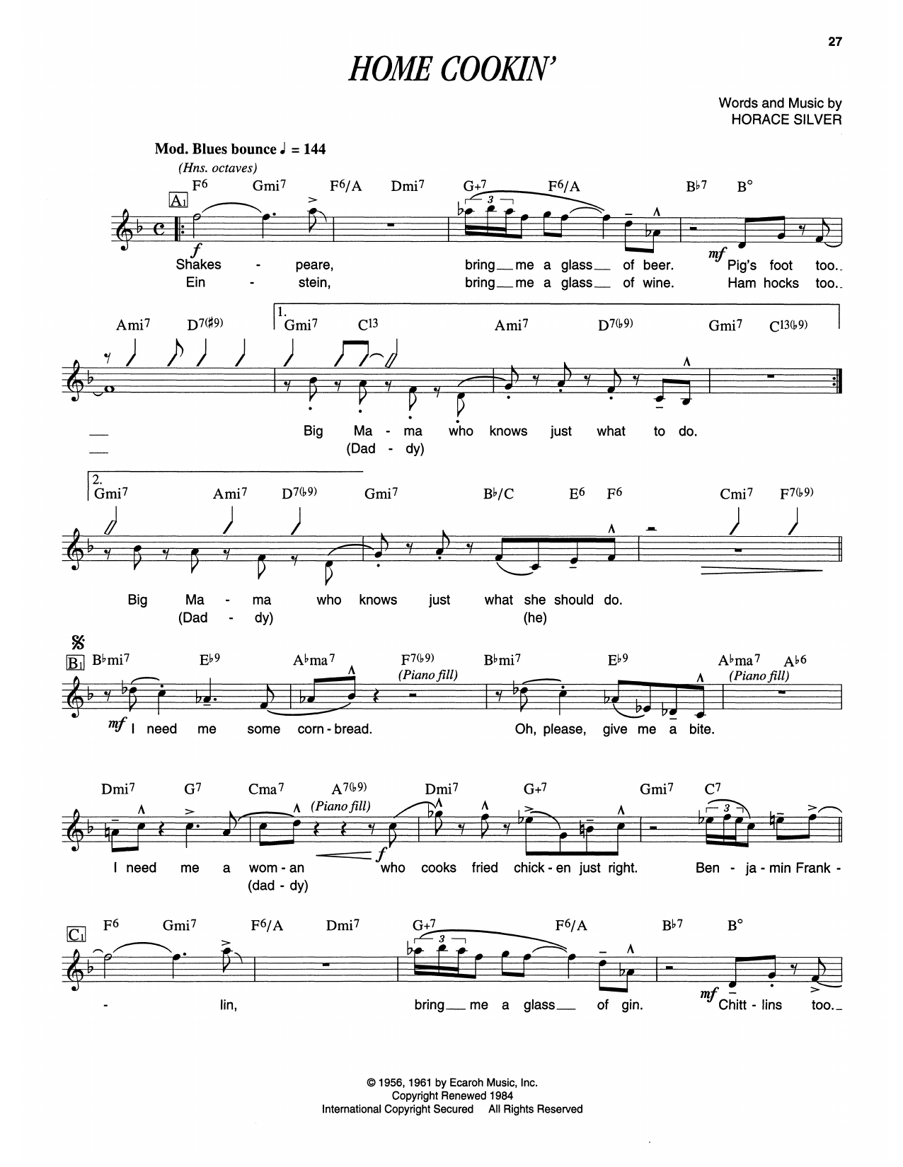 Download Horace Silver Home Cookin' Sheet Music and learn how to play Piano Transcription PDF digital score in minutes