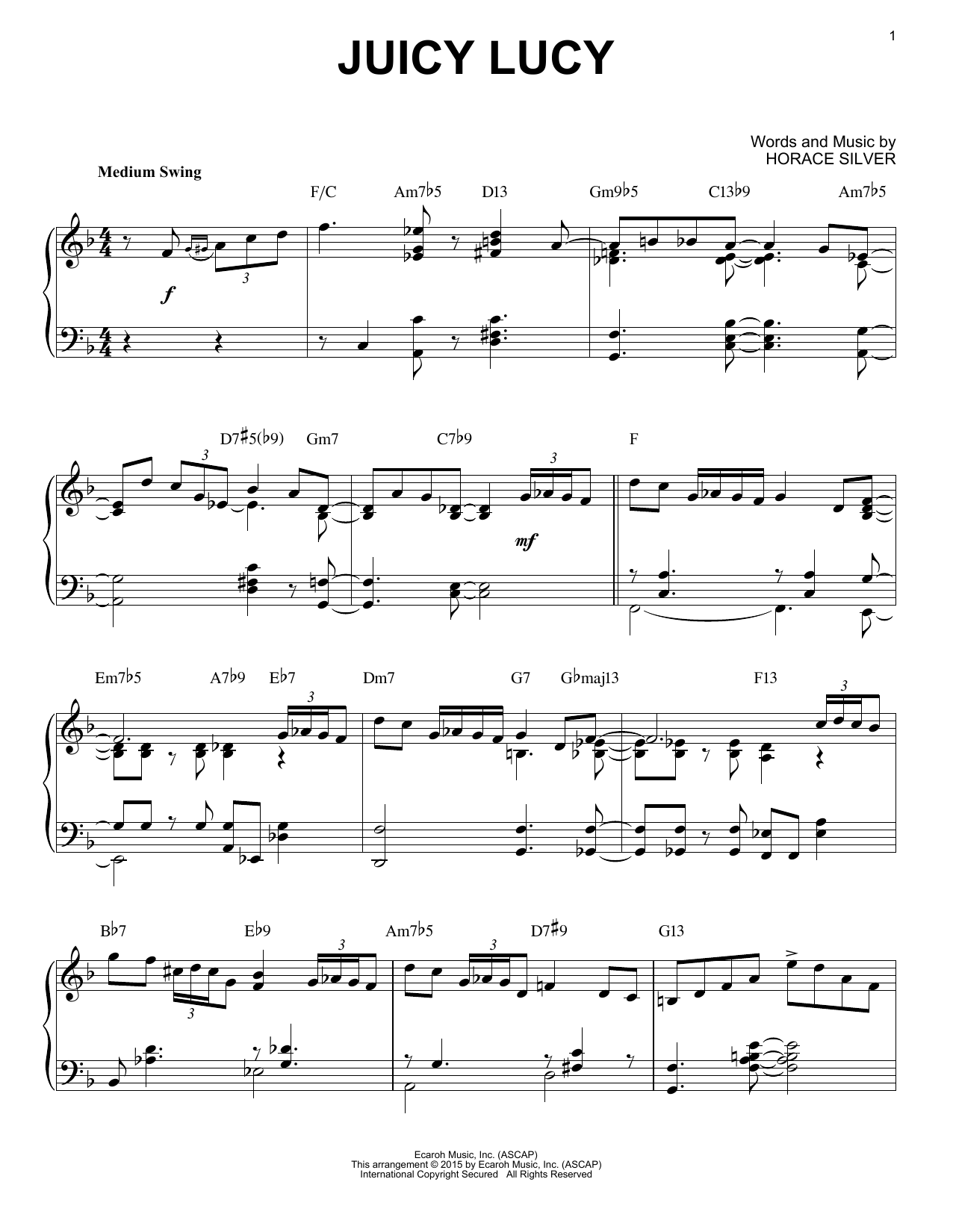 Download Horace Silver Juicy Lucy (arr. Brent Edstrom) Sheet Music and learn how to play Piano Solo PDF digital score in minutes