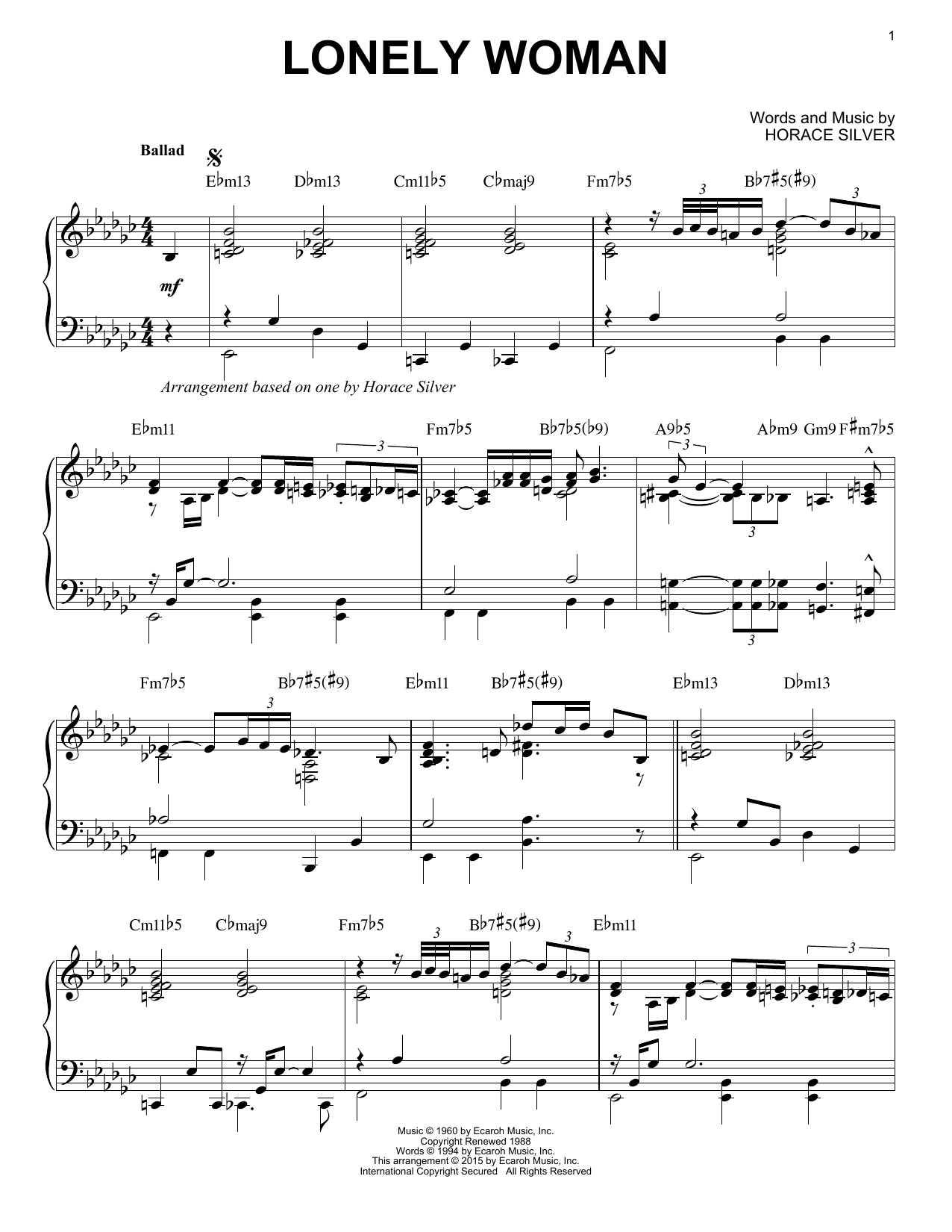 Download Horace Silver Lonely Woman (arr. Brent Edstrom) Sheet Music and learn how to play Piano Solo PDF digital score in minutes