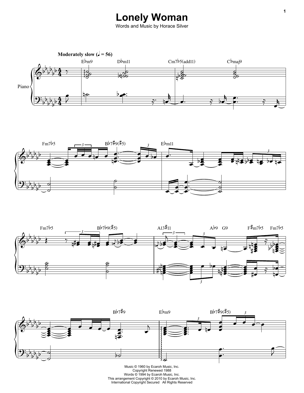 Download Horace Silver Lonely Woman Sheet Music and learn how to play Piano & Vocal PDF digital score in minutes