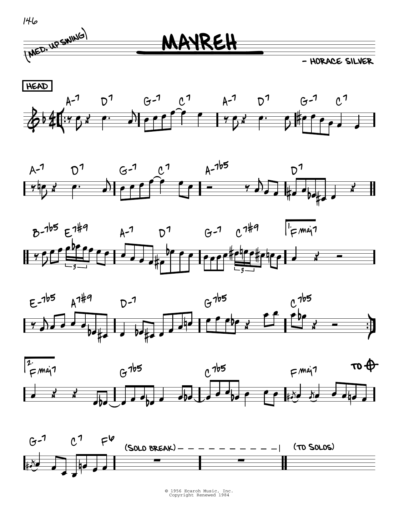 Download Horace Silver Mayreh Sheet Music and learn how to play Real Book – Melody & Chords – C Instruments PDF digital score in minutes