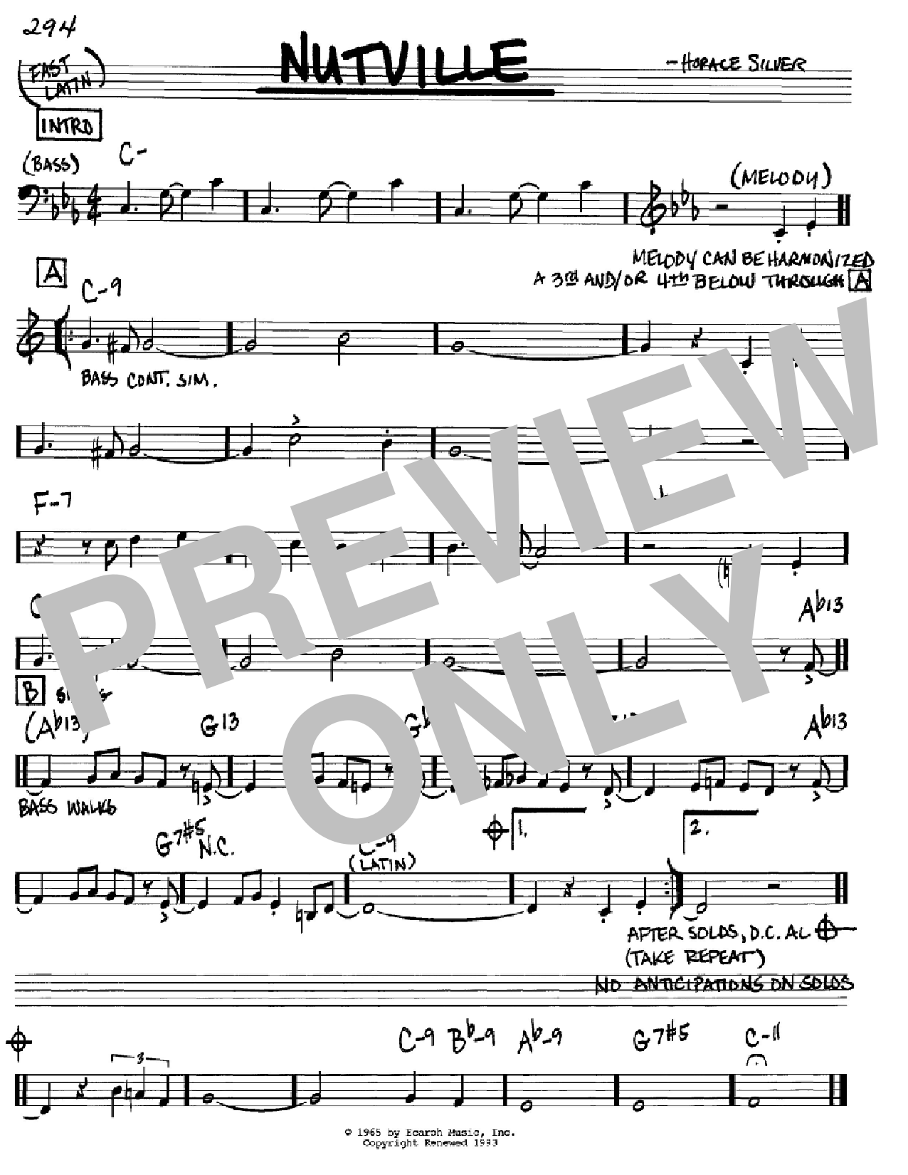 Download Horace Silver Nutville Sheet Music and learn how to play Real Book – Melody & Chords – C Instruments PDF digital score in minutes