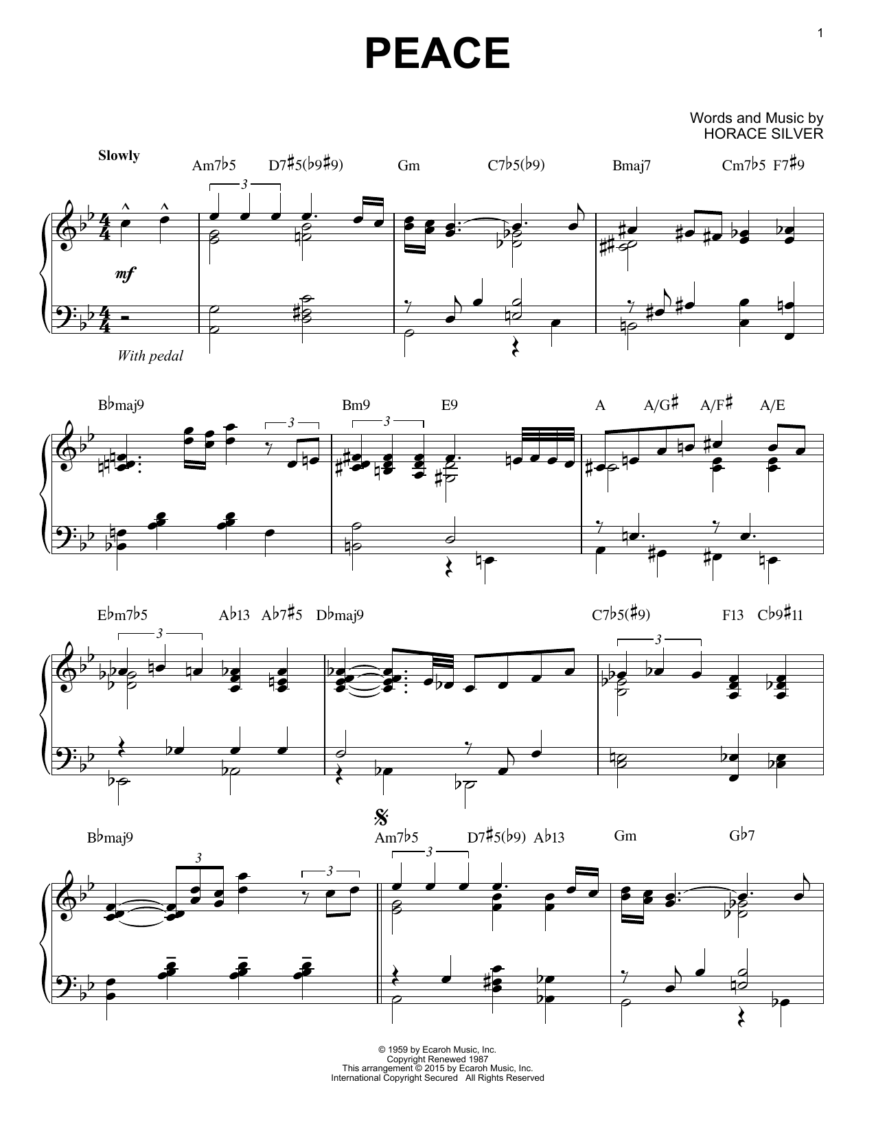 Download Horace Silver Peace (arr. Brent Edstrom) Sheet Music and learn how to play Piano Solo PDF digital score in minutes