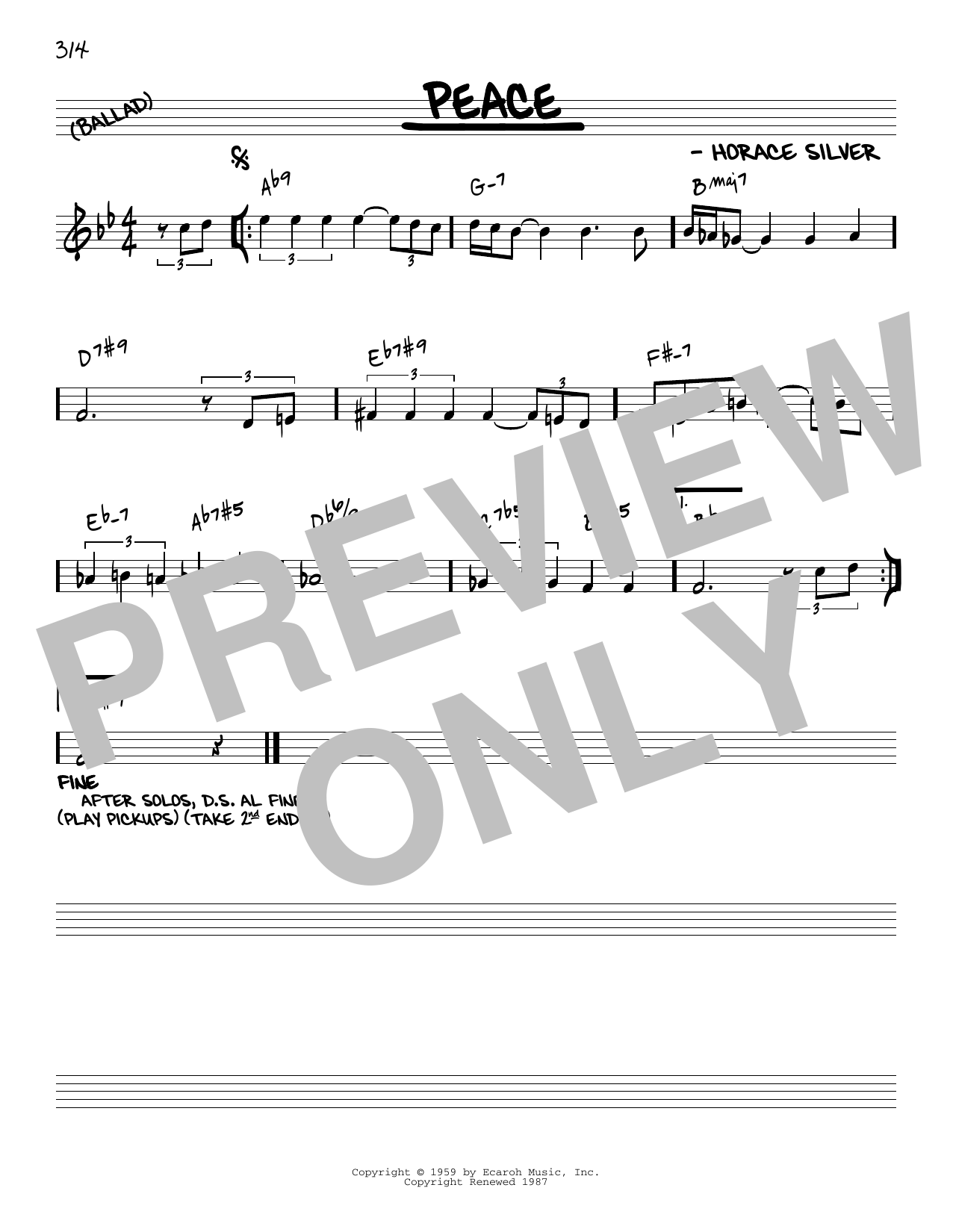 Download Horace Silver Peace (arr. Jack Grassel) Sheet Music and learn how to play Real Book – Melody & Chords PDF digital score in minutes