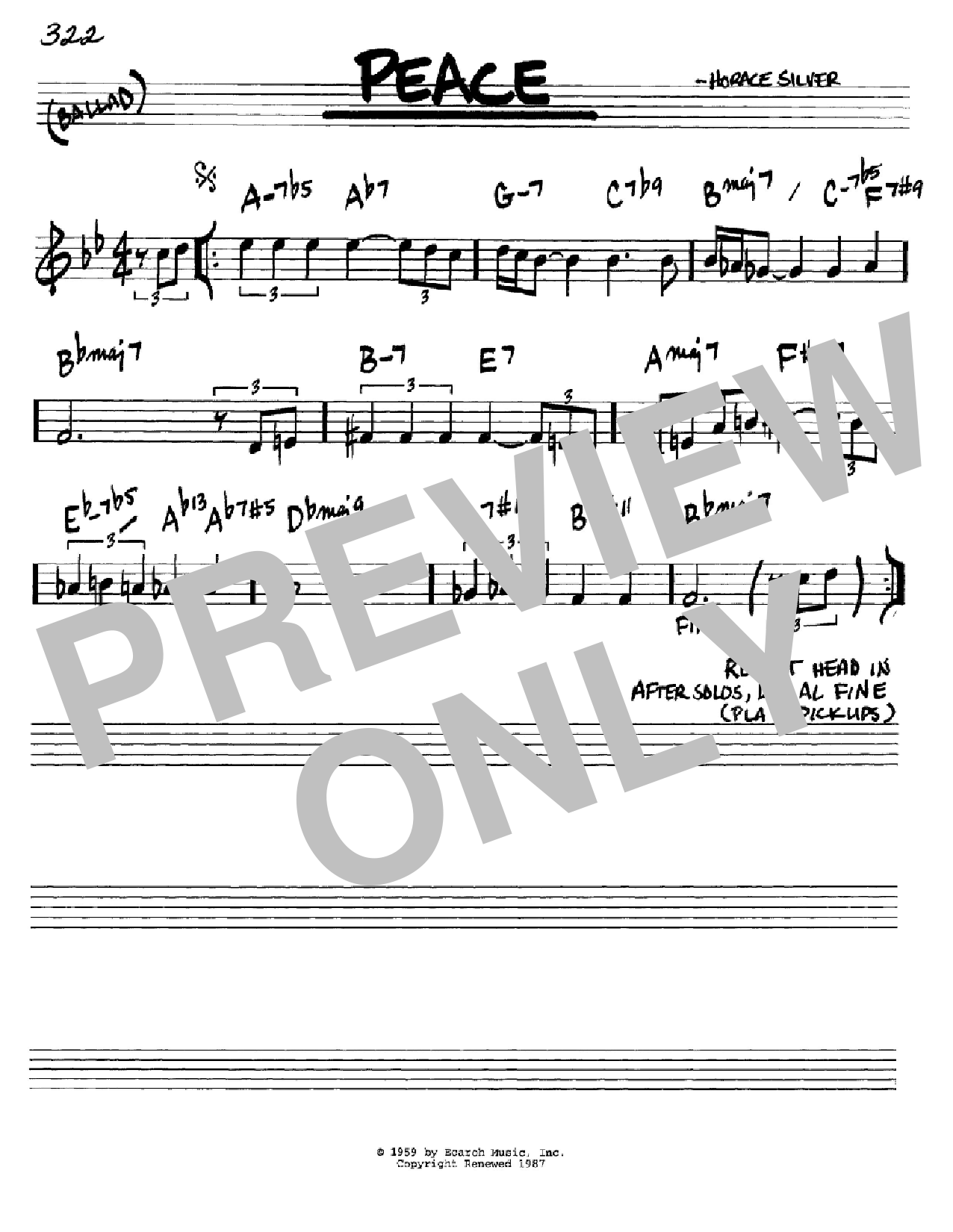 Download Horace Silver Peace Sheet Music and learn how to play Real Book – Melody & Chords – Bb Instruments PDF digital score in minutes