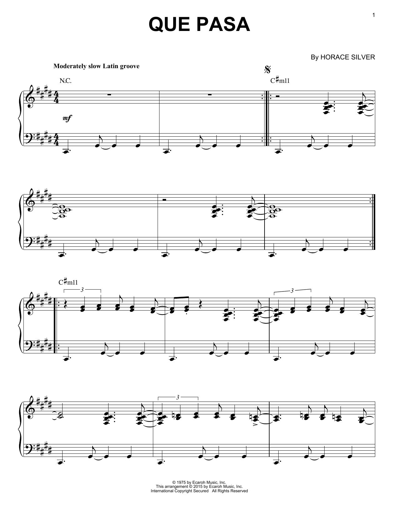 Download Horace Silver Que Pasa (arr. Brent Edstrom) Sheet Music and learn how to play Piano Solo PDF digital score in minutes