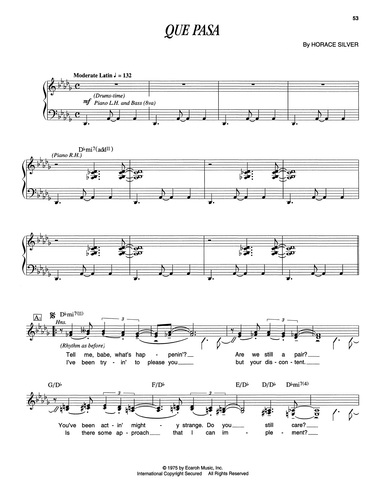 Download Horace Silver Que Pasa Sheet Music and learn how to play Piano Transcription PDF digital score in minutes