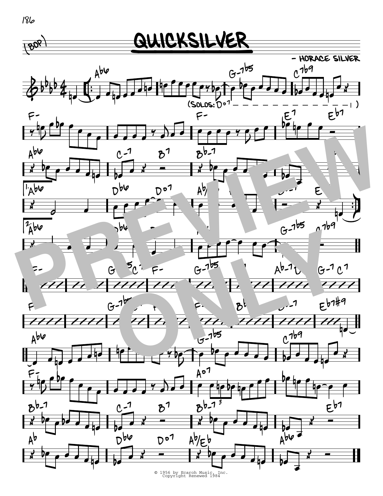 Download Horace Silver Quicksilver Sheet Music and learn how to play Real Book – Melody & Chords – C Instruments PDF digital score in minutes