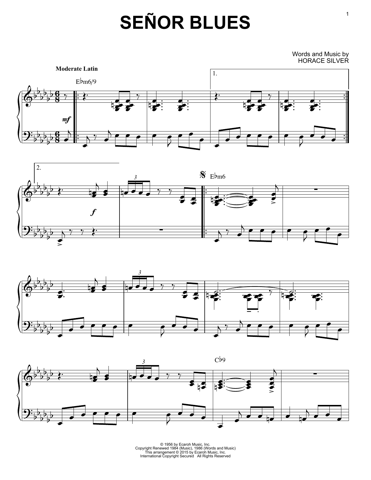 Download Horace Silver Señor Blues (arr. Brent Edstrom) Sheet Music and learn how to play Piano Solo PDF digital score in minutes