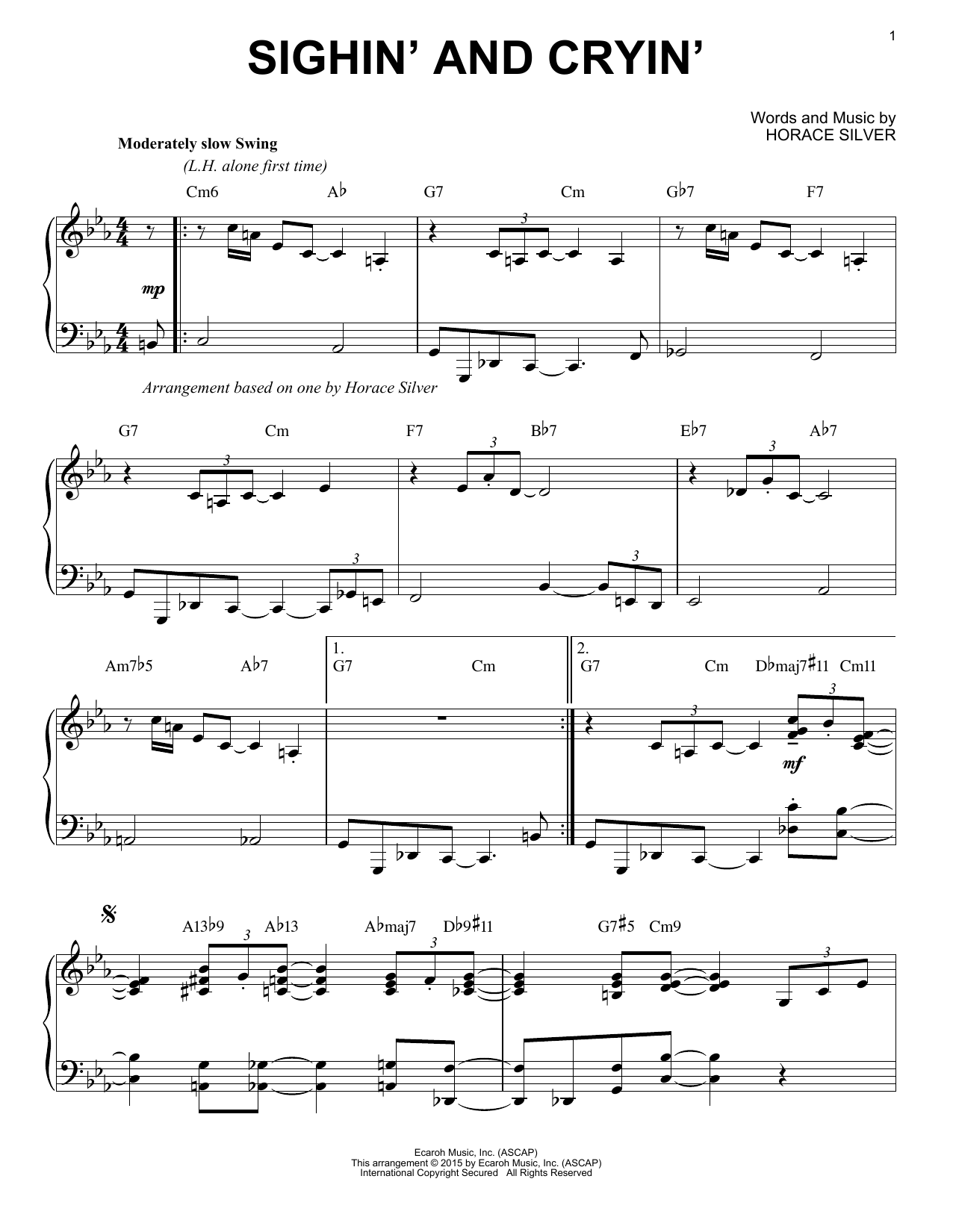 Download Horace Silver Sighin' And Cryin' (arr. Brent Edstrom) Sheet Music and learn how to play Piano Solo PDF digital score in minutes