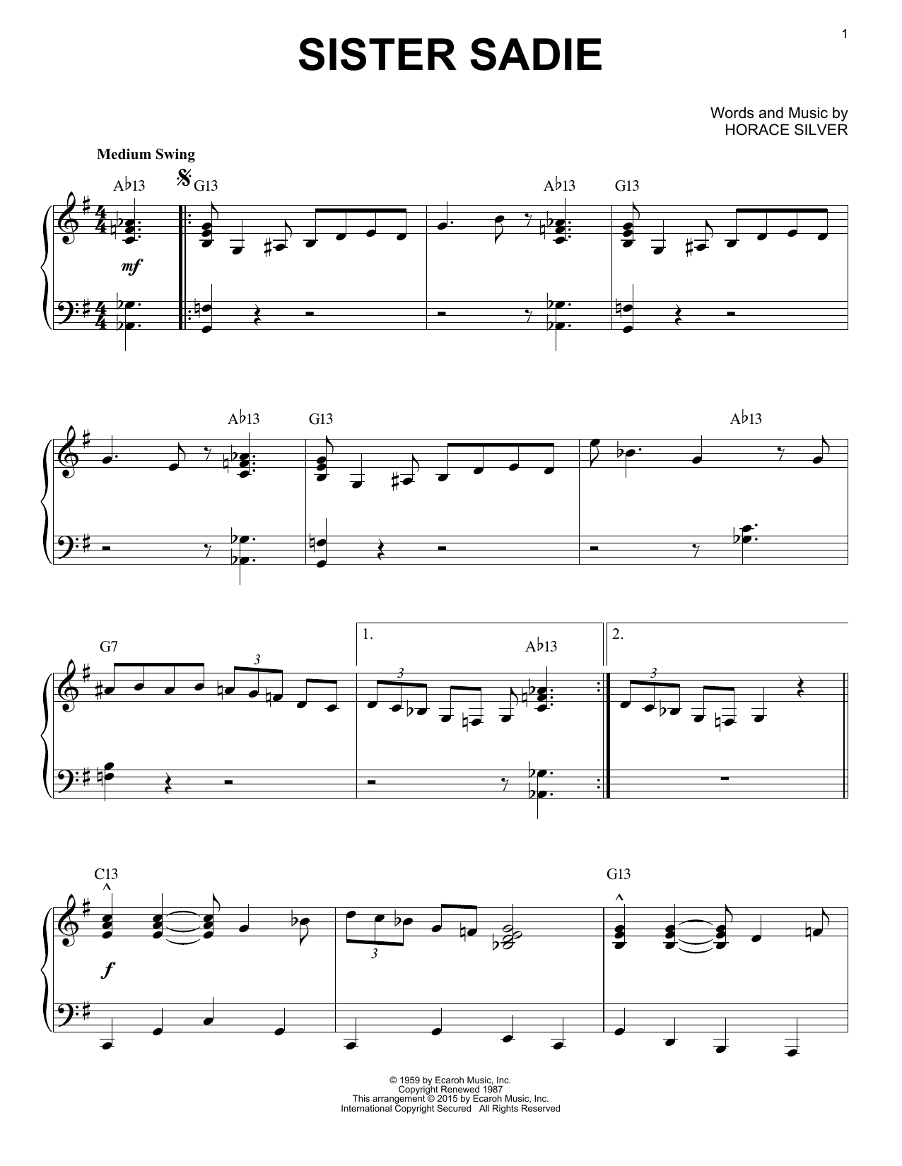 Download Horace Silver Sister Sadie (arr. Brent Edstrom) Sheet Music and learn how to play Piano Solo PDF digital score in minutes