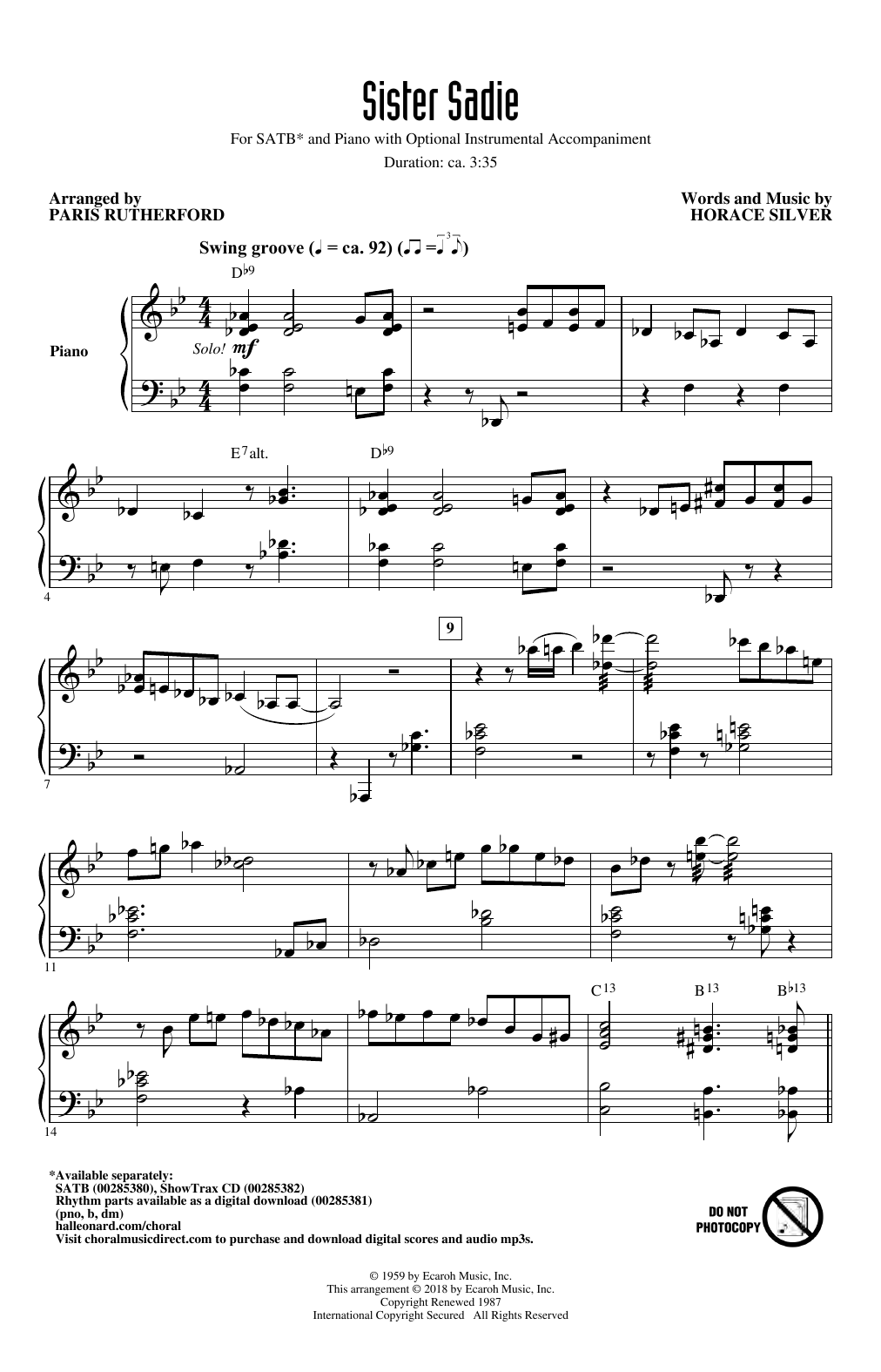Download Horace Silver Sister Sadie (arr. Paris Rutherford) Sheet Music and learn how to play SATB Choir PDF digital score in minutes