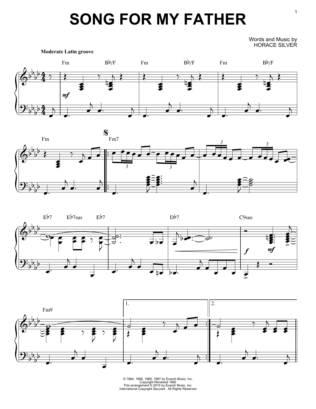 Download Horace Silver Song For My Father (arr. Brent Edstrom) Sheet Music and learn how to play Piano Solo PDF digital score in minutes