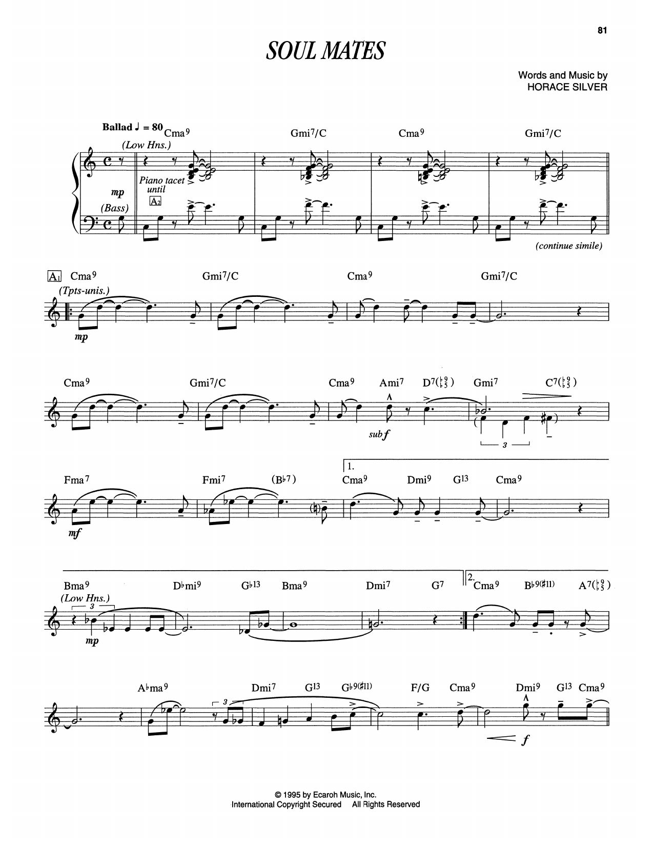 Download Horace Silver Soul Mates Sheet Music and learn how to play Piano Transcription PDF digital score in minutes