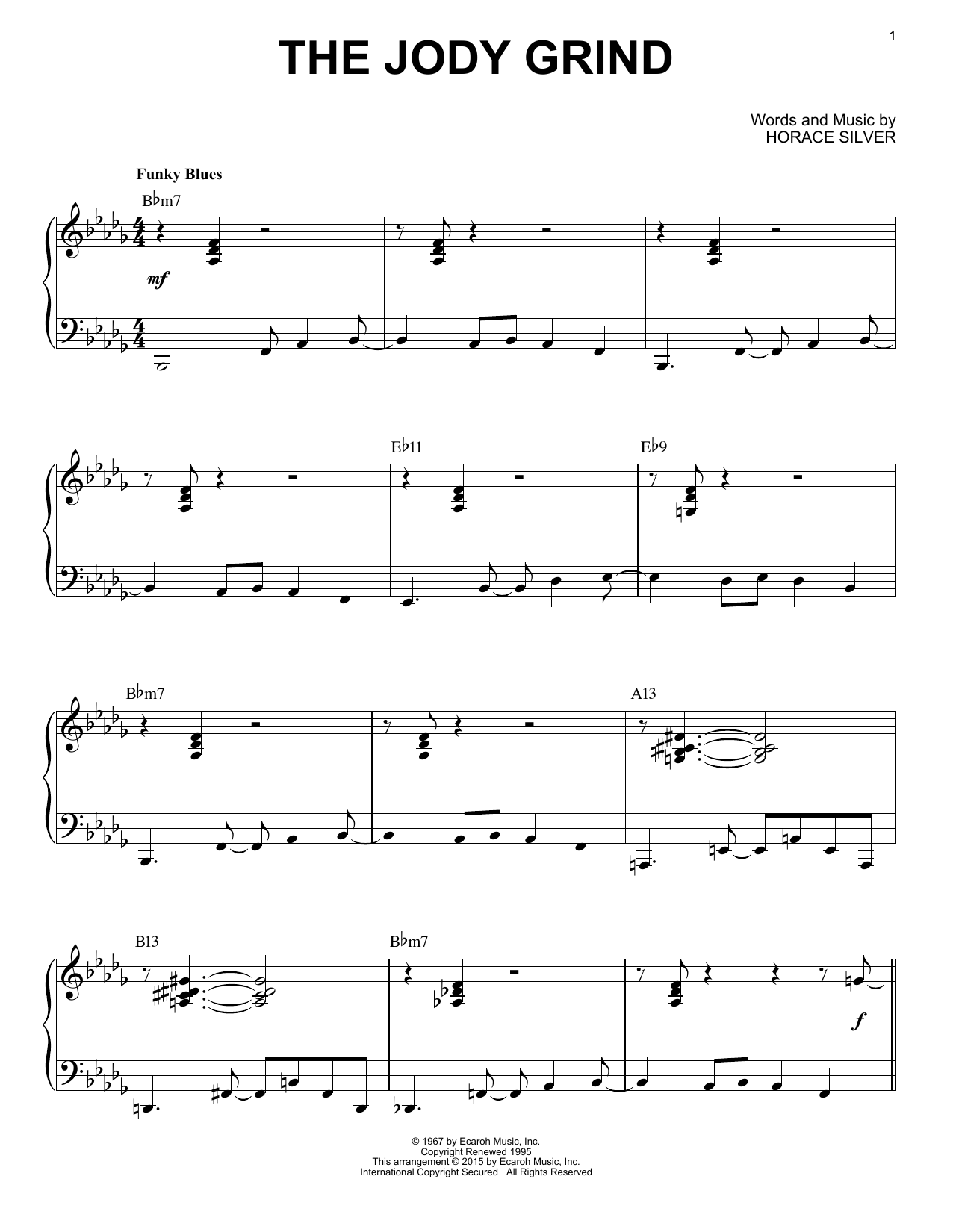 Download Horace Silver The Jody Grind (arr. Brent Edstrom) Sheet Music and learn how to play Piano Solo PDF digital score in minutes