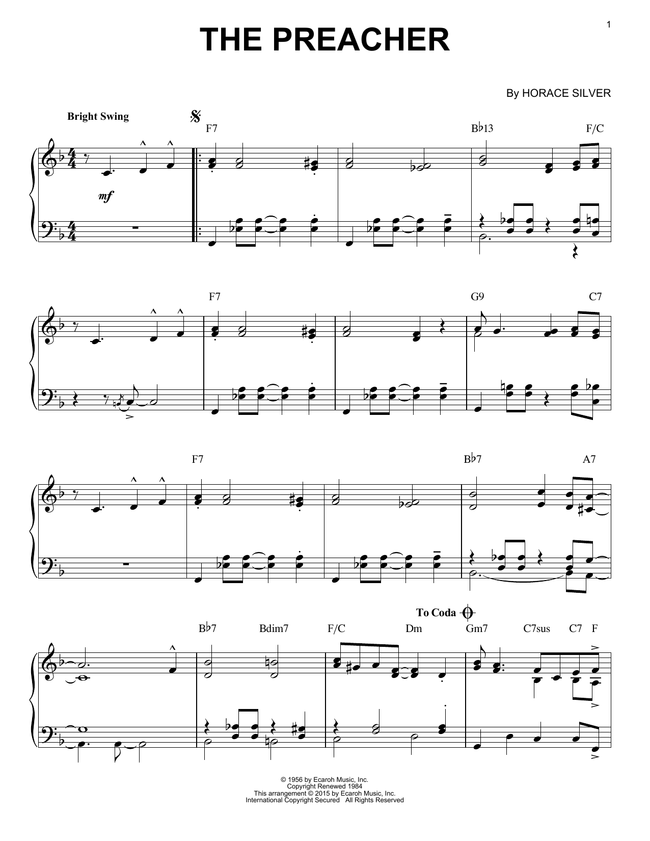 Download Horace Silver The Preacher (arr. Brent Edstrom) Sheet Music and learn how to play Piano Solo PDF digital score in minutes