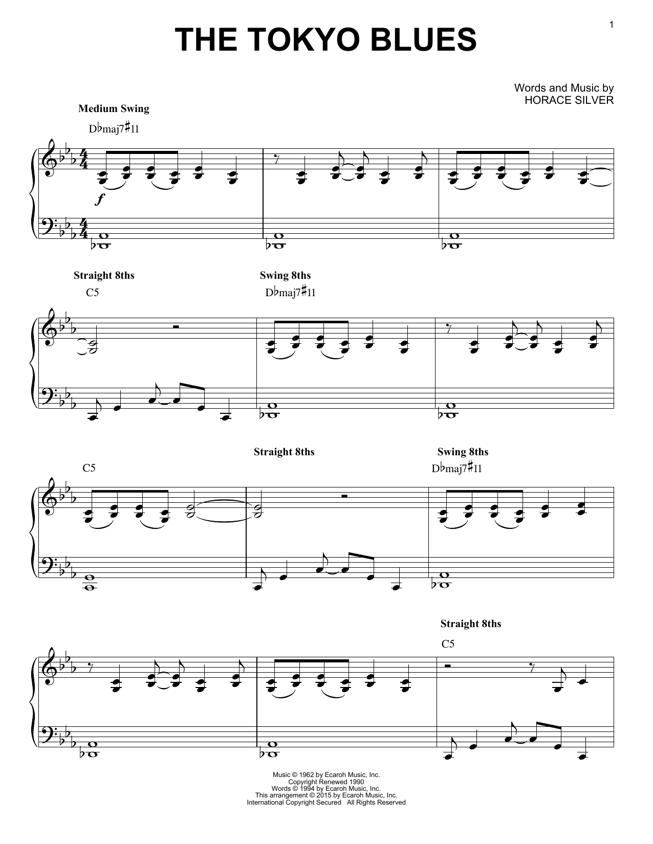 Download Horace Silver The Tokyo Blues (arr. Brent Edstrom) Sheet Music and learn how to play Piano Solo PDF digital score in minutes