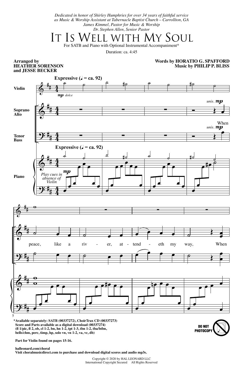 Download Horatio G. Spafford and Philip P. Bliss It Is Well With My Soul (arr. Heather Sorenson and Jesse Becker) Sheet Music and learn how to play SATB Choir PDF digital score in minutes