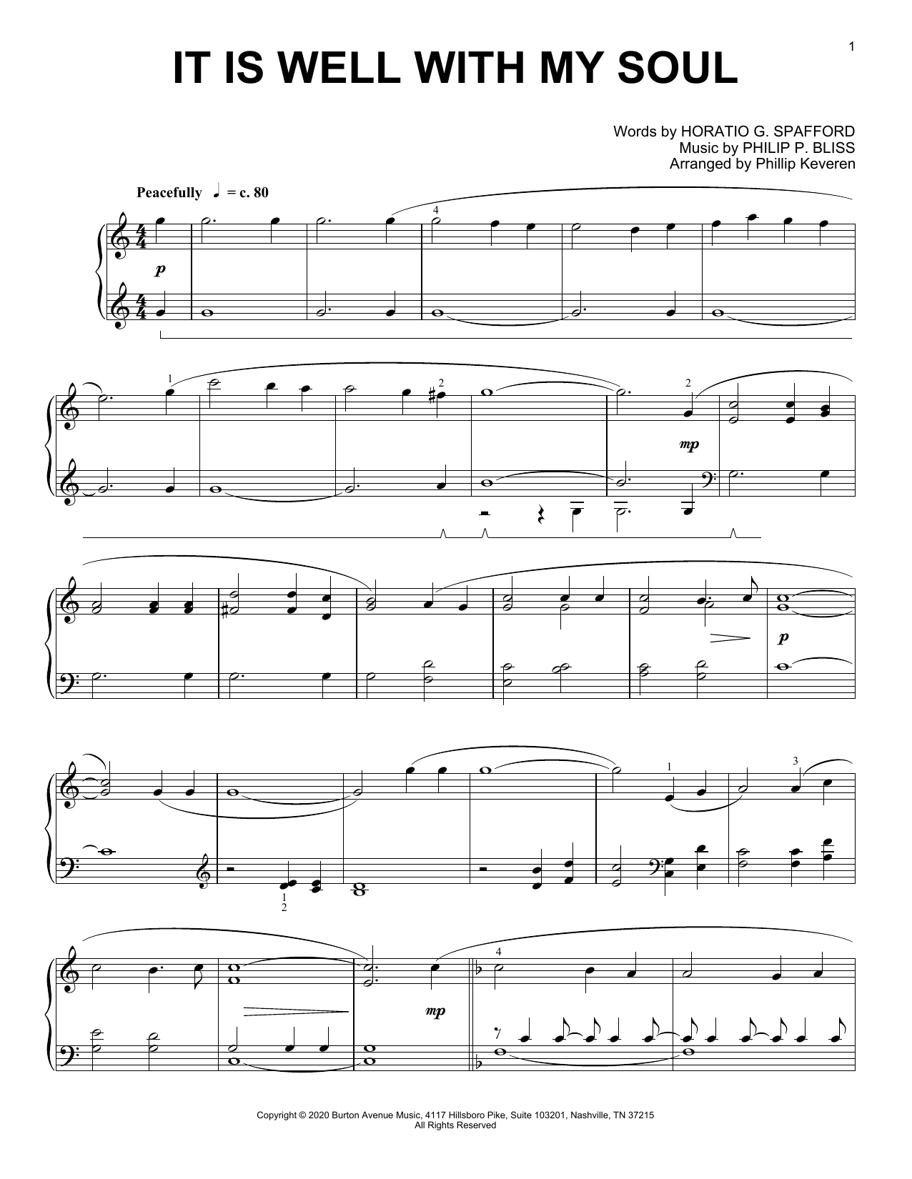 Download Horatio G. Spafford and Philip P. Bliss It Is Well With My Soul (arr. Phillip Keveren) Sheet Music and learn how to play Piano Solo PDF digital score in minutes