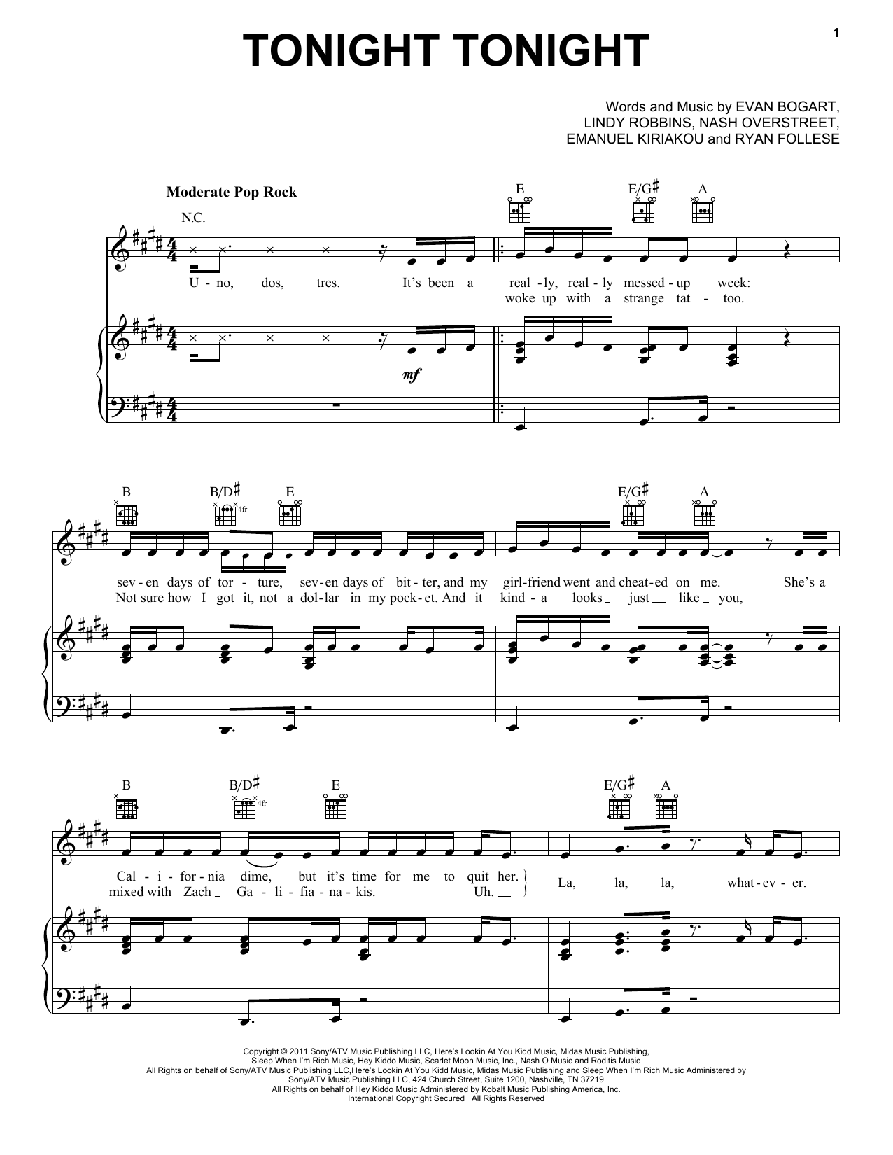 Download Hot Chelle Rae Tonight Tonight Sheet Music and learn how to play Piano, Vocal & Guitar (Right-Hand Melody) PDF digital score in minutes