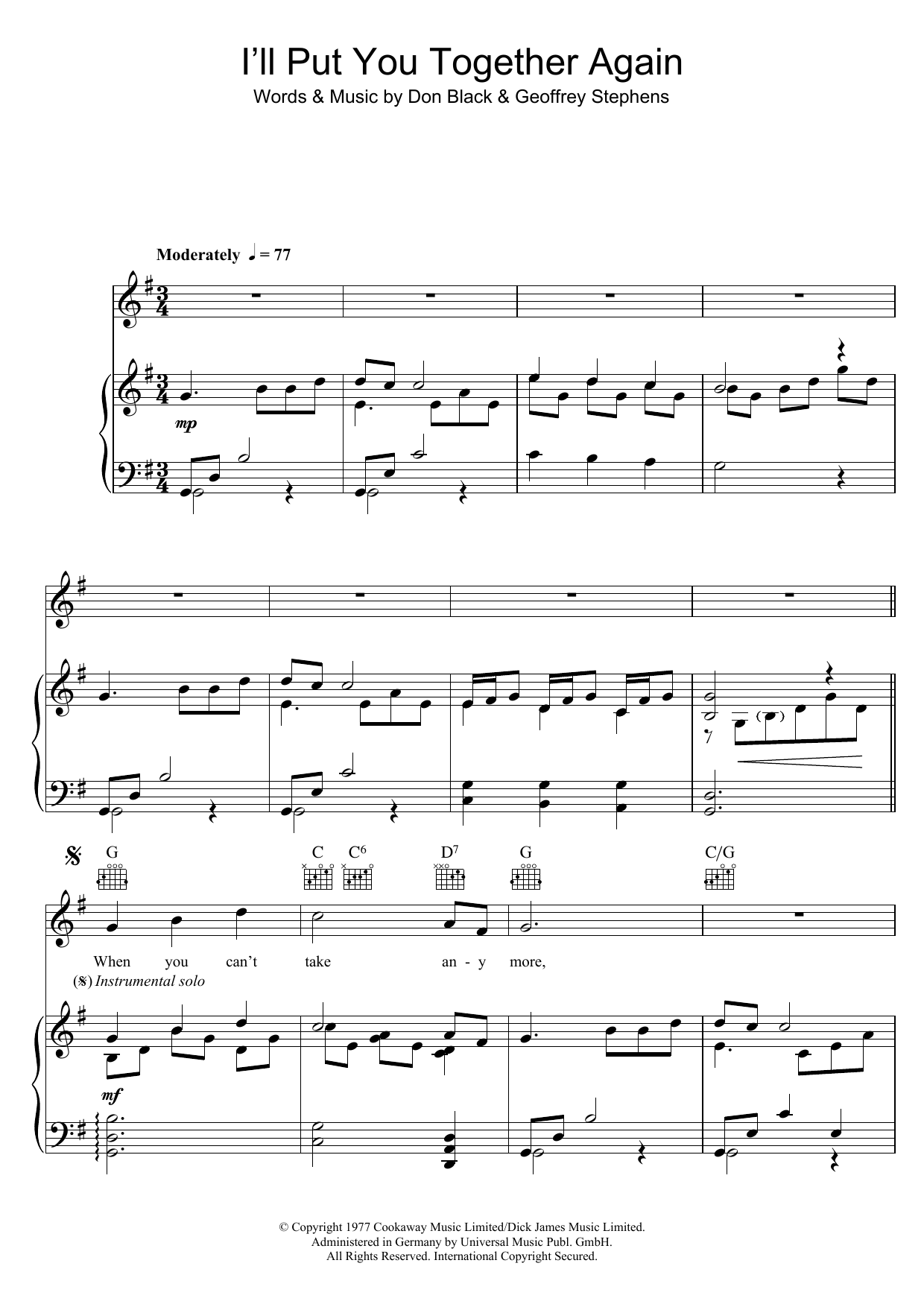 Download Hot Chocolate I'll Put You Together Again Sheet Music and learn how to play Piano, Vocal & Guitar (Right-Hand Melody) PDF digital score in minutes