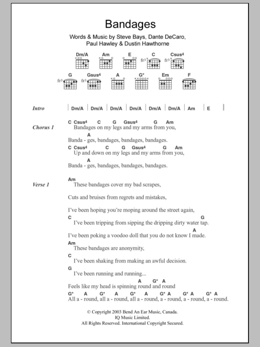 Download Hot Hot Heat Bandages Sheet Music and learn how to play Lyrics & Chords PDF digital score in minutes