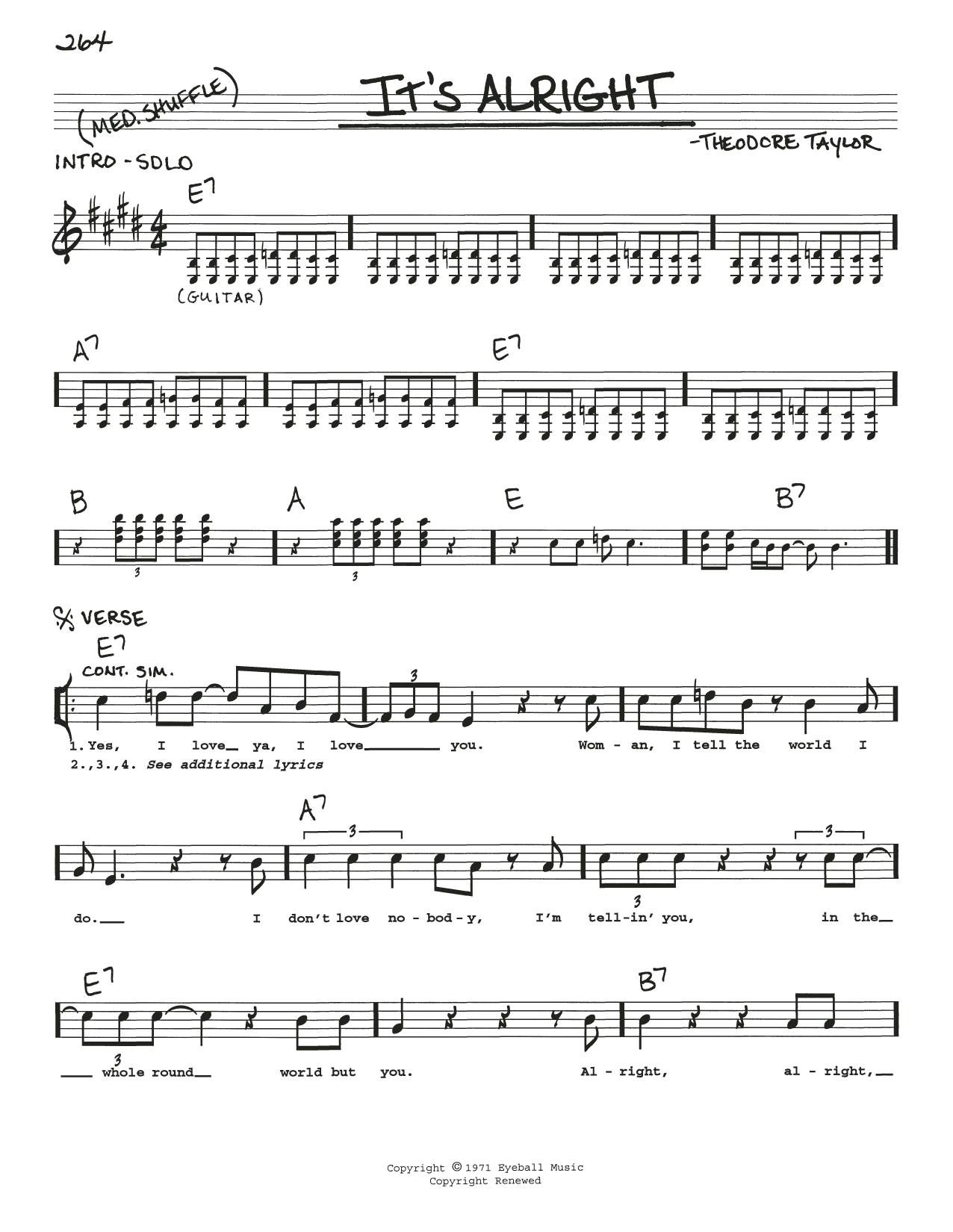 Download Hound Dog Taylor It's Alright Sheet Music and learn how to play Real Book – Melody, Lyrics & Chords PDF digital score in minutes