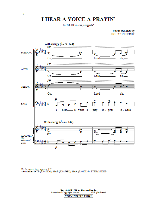 Download Houston Bright I Hear A Voice A-Prayin' Sheet Music and learn how to play SATB PDF digital score in minutes