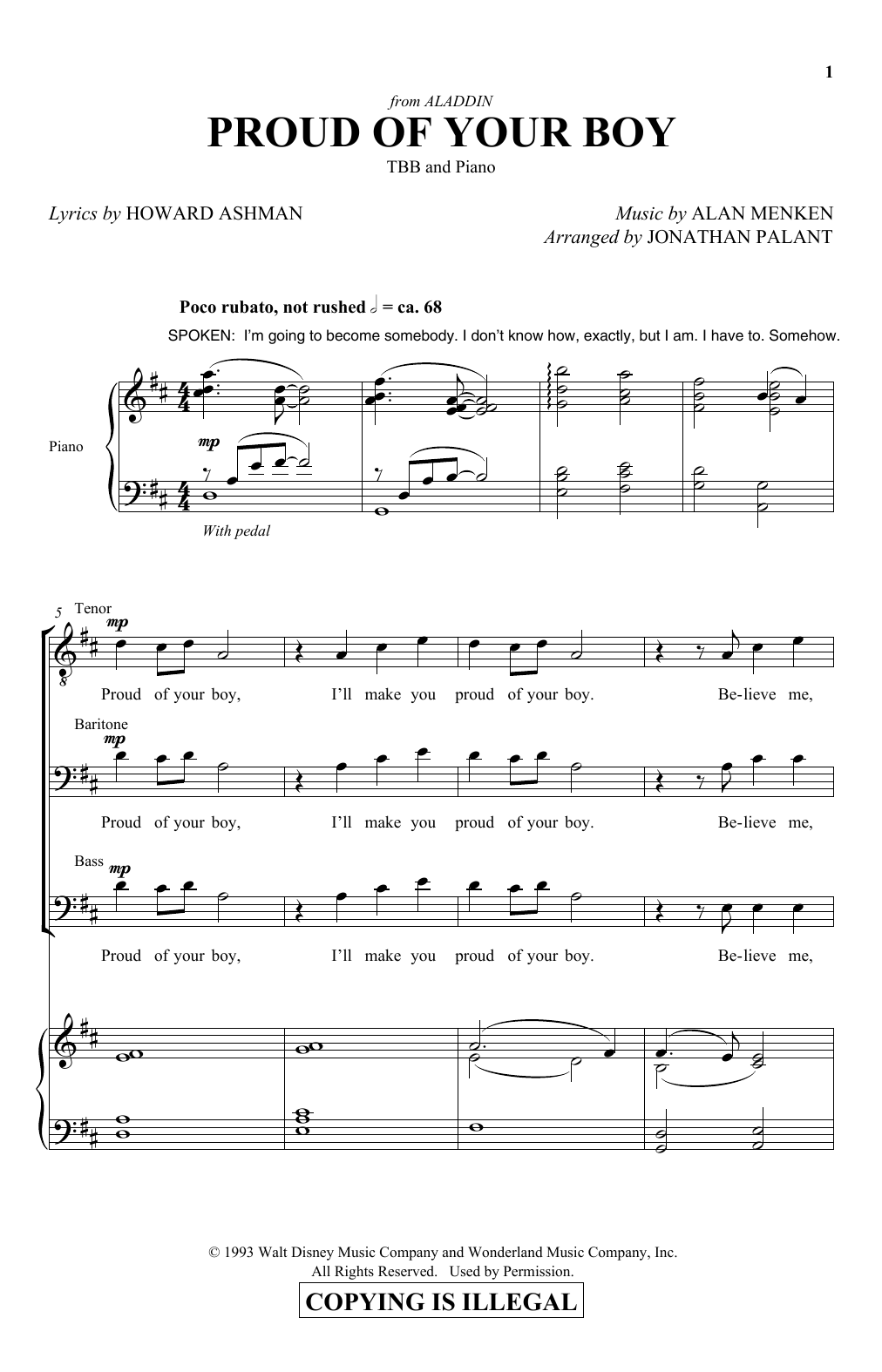 Download Howard Ashman and Alan Menken Proud Of Your Boy (from Aladdin: The Broadway Musical) (arr. Jonathan Palant) Sheet Music and learn how to play TBB Choir PDF digital score in minutes