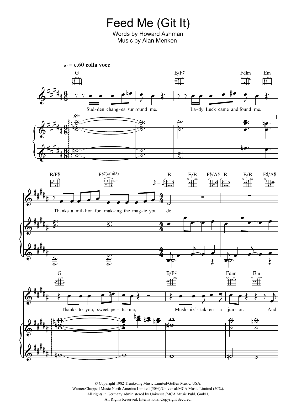 Download Alan Menken Feed Me Sheet Music and learn how to play Piano, Vocal & Guitar PDF digital score in minutes