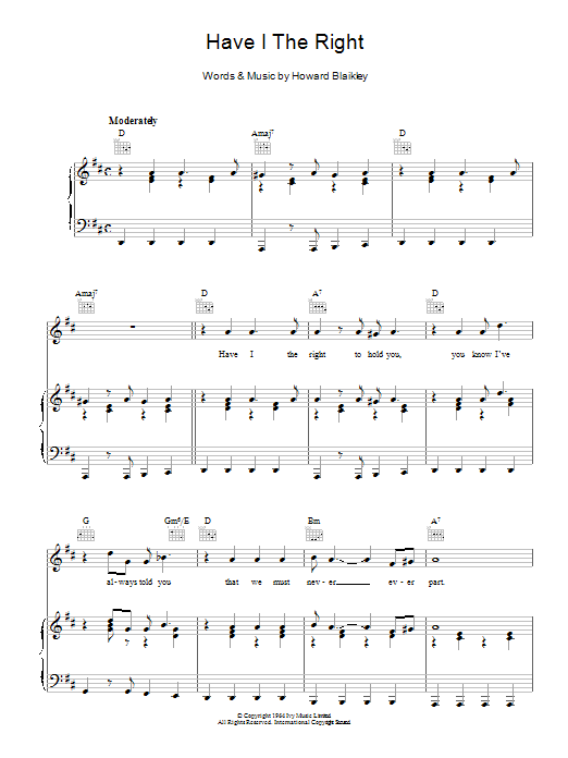 Download Howard Blaikley Have I The Right Sheet Music and learn how to play Piano, Vocal & Guitar (Right-Hand Melody) PDF digital score in minutes
