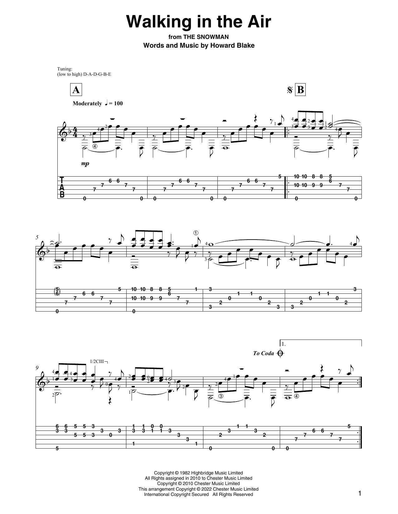 Download Howard Blake Walking In The Air (from The Snowman) (arr. David Jaggs) Sheet Music and learn how to play Solo Guitar PDF digital score in minutes