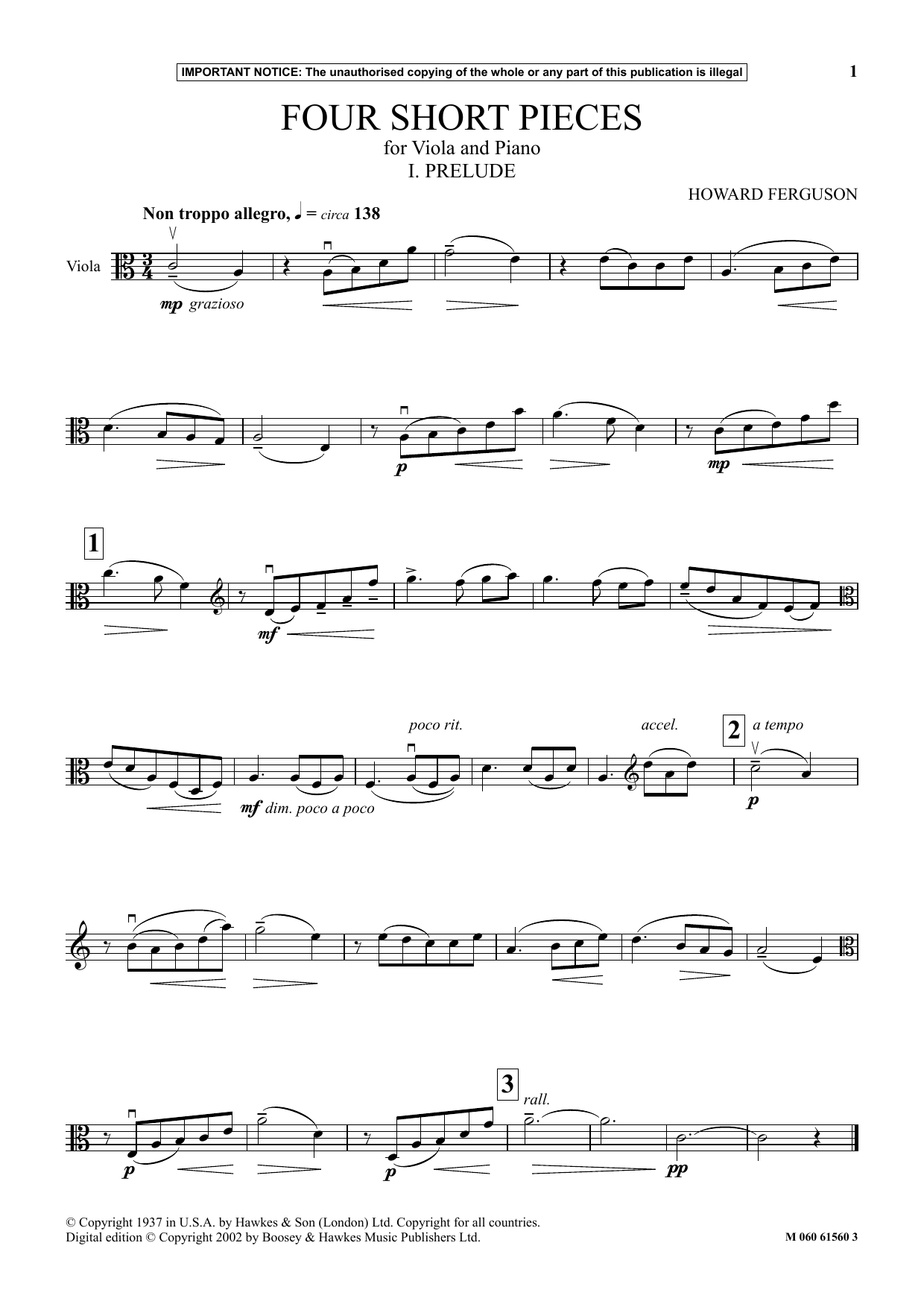 Download Howard Ferguson I. Prelude (from Four Short Pieces For Viola And Piano) Sheet Music and learn how to play Instrumental Solo PDF digital score in minutes