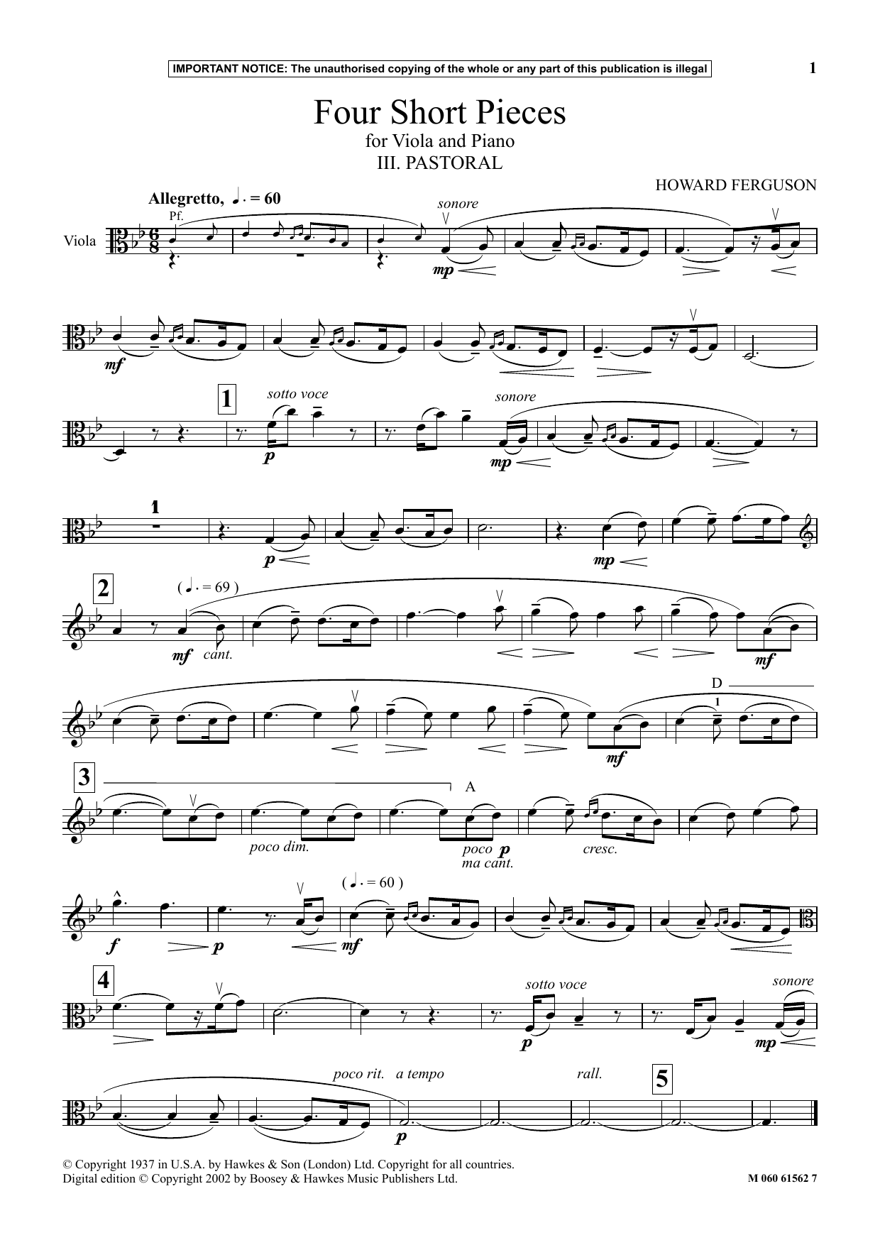 Download Howard Ferguson III. Pastoral (from Four Short Pieces For Viola And Piano) Sheet Music and learn how to play Instrumental Solo PDF digital score in minutes