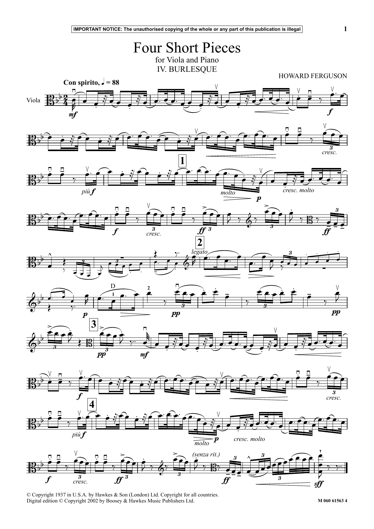 Download Howard Ferguson IV. Burlesque (from Four Short Pieces For Viola And Piano) Sheet Music and learn how to play Instrumental Solo PDF digital score in minutes