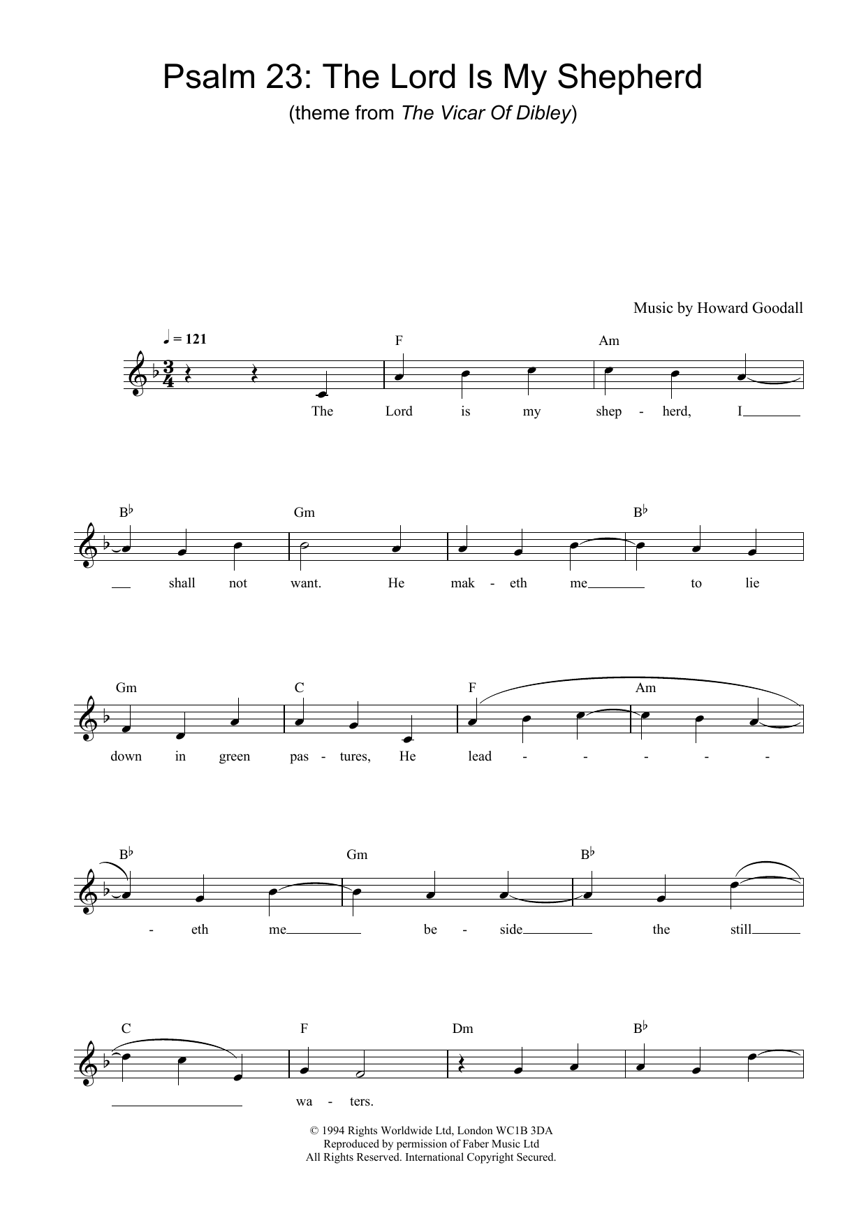 Download Howard Goodall Psalm 23 - The Lord Is My Shepherd (theme from The Vicar Of Dibley) Sheet Music and learn how to play Melody Line, Lyrics & Chords PDF digital score in minutes