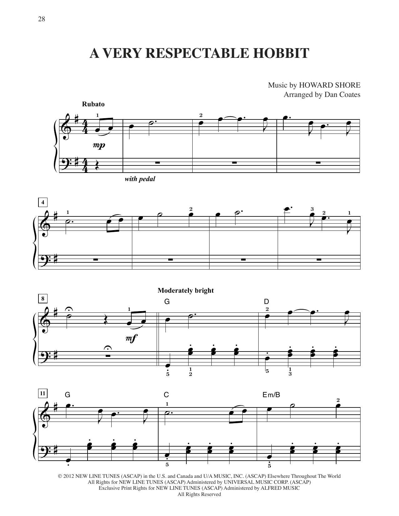 Download Howard Shore A Very Respectable Hobbit (from The Hobbit: An Unexpected Journey) (arr. Dan Coa Sheet Music and learn how to play Easy Piano PDF digital score in minutes