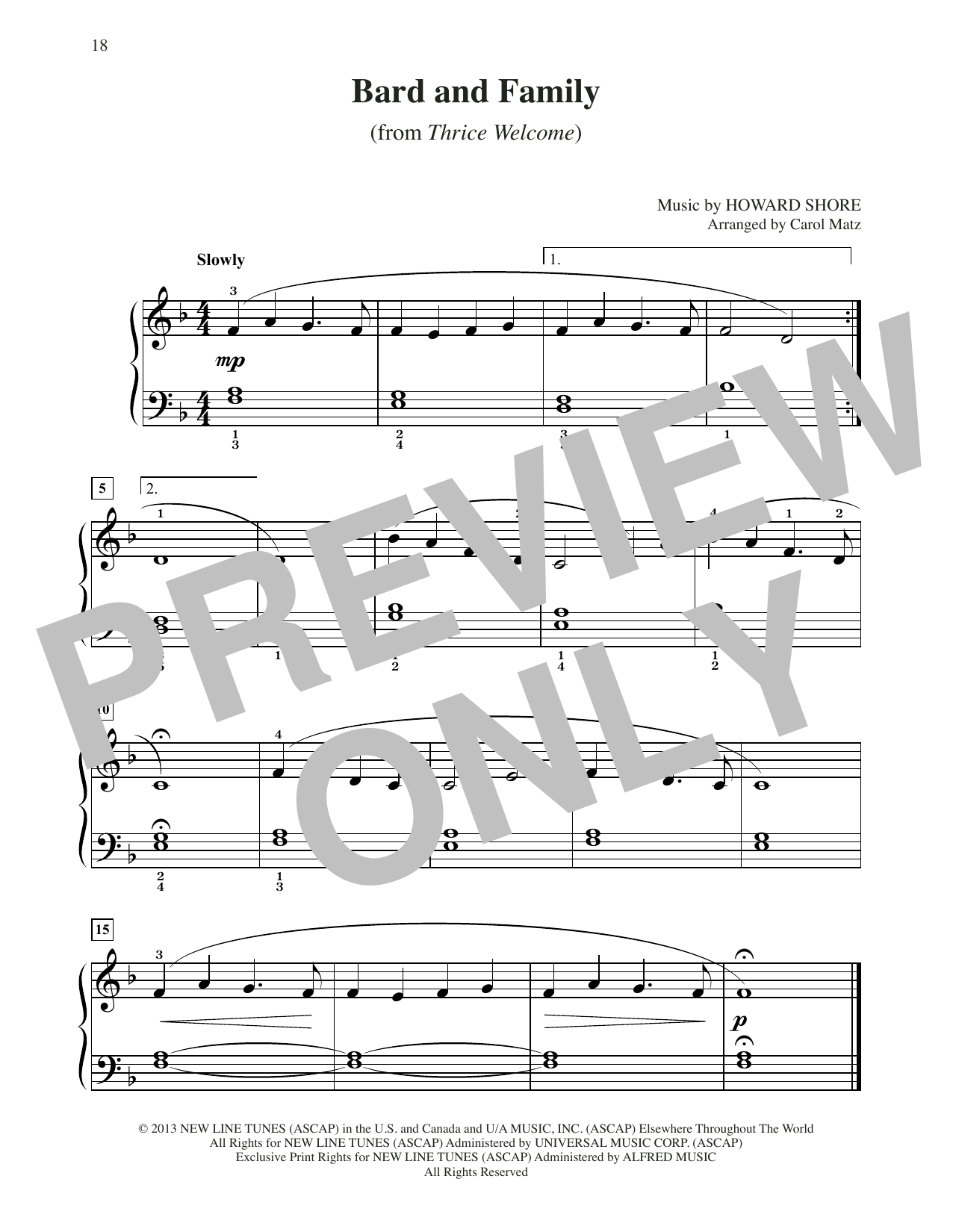 Download Howard Shore Bard And Family (from The Hobbit: The Desolation of Smaug) (arr. Carol Matz) Sheet Music and learn how to play Big Note Piano PDF digital score in minutes