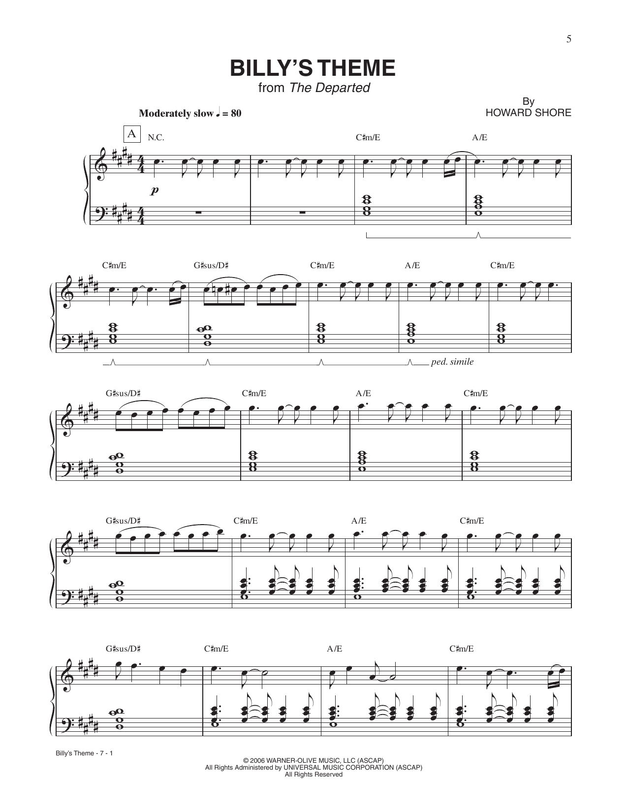 Download Howard Shore Billy's Theme (from The Departed) Sheet Music and learn how to play Piano Solo PDF digital score in minutes