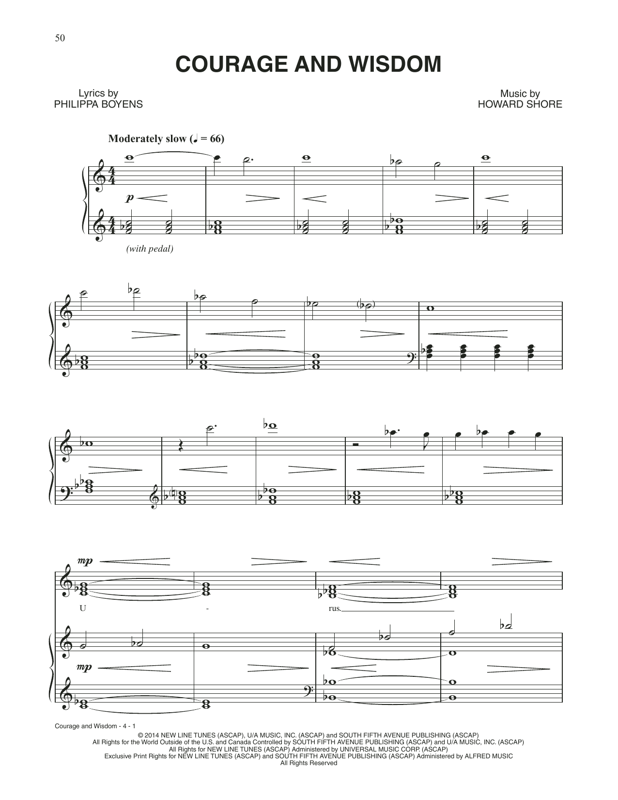 Download Howard Shore Courage And Wisdom (from The Hobbit: The Battle of the Five Armies) Sheet Music and learn how to play Piano & Vocal PDF digital score in minutes